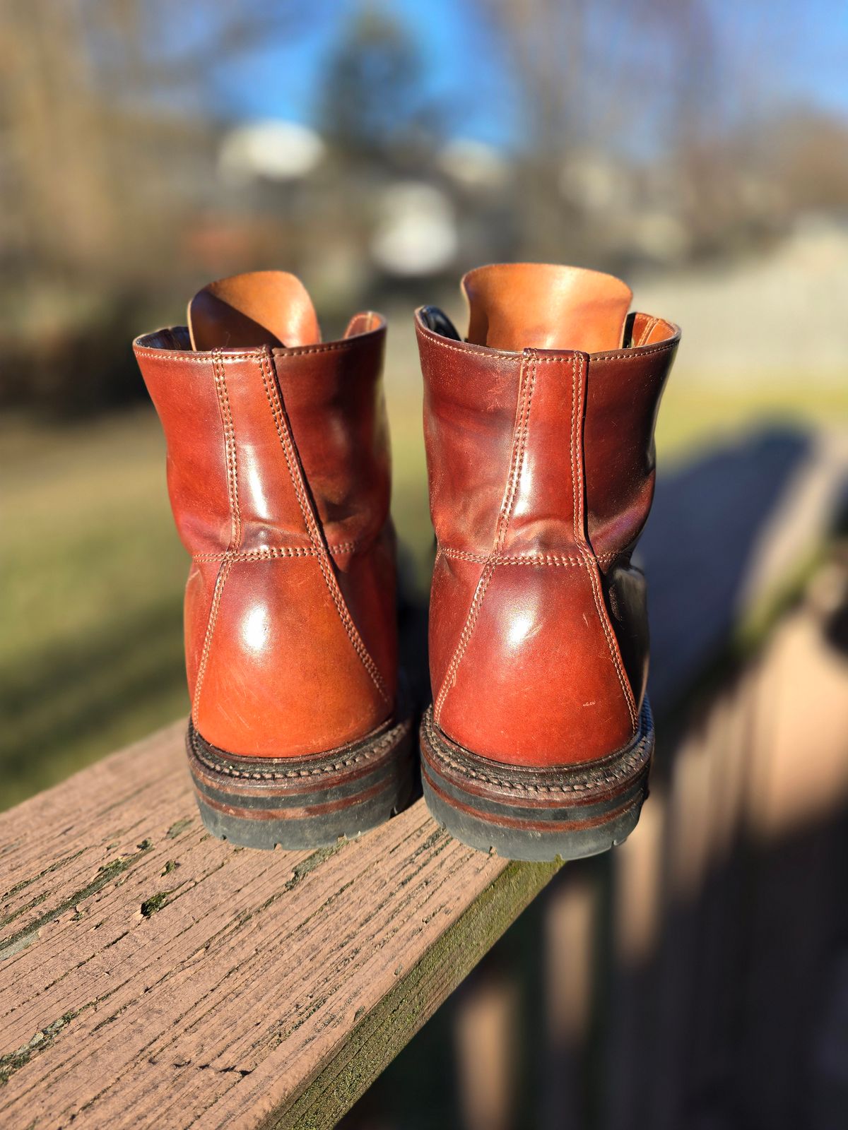 Photo by LouisvilleLeatherGuy on February 5, 2024 of the Grant Stone Brass Boot in Horween Garnet Shell Cordovan.