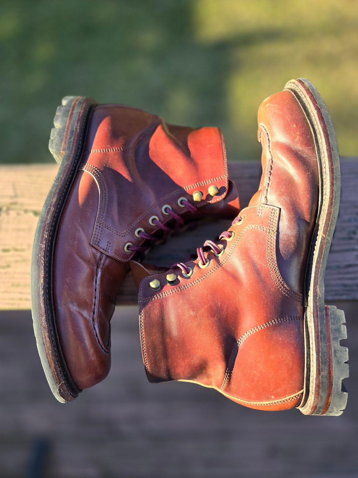Photo by LouisvilleLeatherGuy on February 5, 2024 of the Grant Stone Brass Boot in Horween Garnet Shell Cordovan.