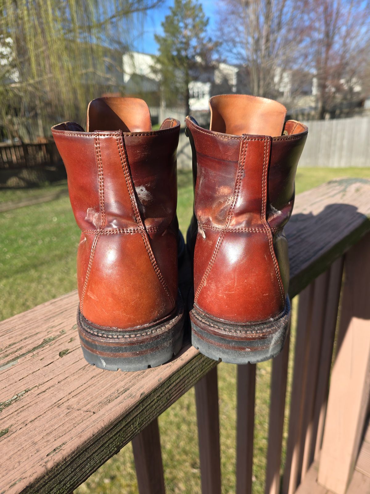Photo by LouisvilleLeatherGuy on March 3, 2024 of the Grant Stone Brass Boot in Horween Garnet Shell Cordovan.