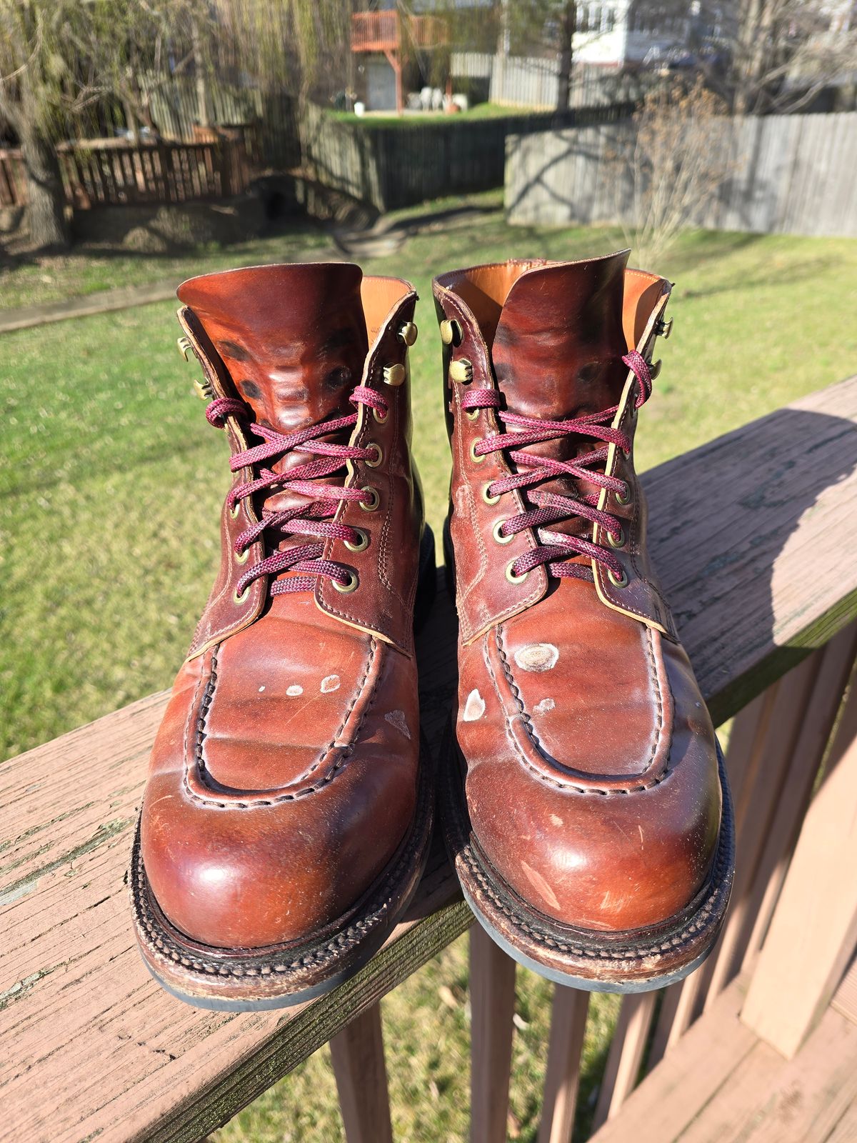 Photo by LouisvilleLeatherGuy on March 3, 2024 of the Grant Stone Brass Boot in Horween Garnet Shell Cordovan.
