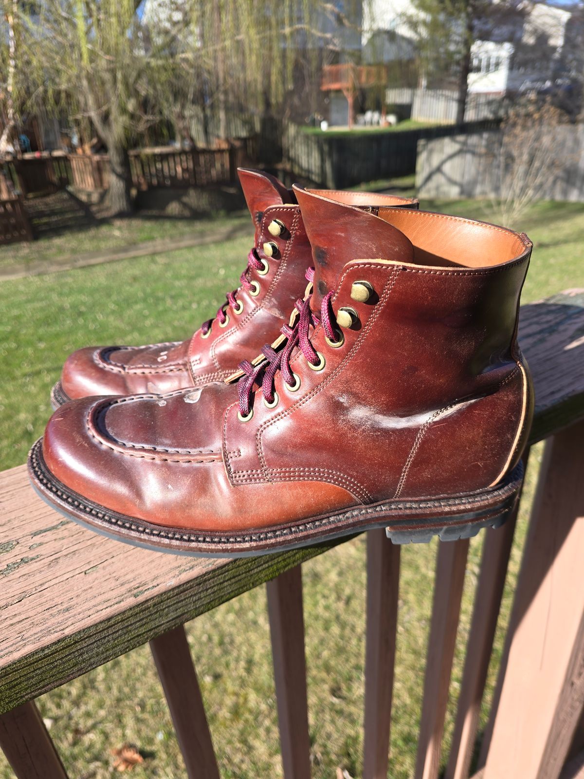 Photo by LouisvilleLeatherGuy on March 3, 2024 of the Grant Stone Brass Boot in Horween Garnet Shell Cordovan.