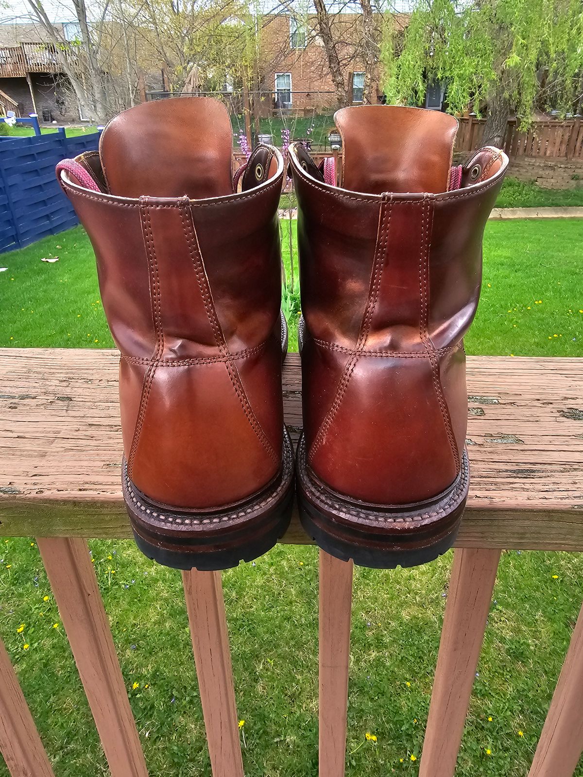 Photo by LouisvilleLeatherGuy on April 6, 2024 of the Grant Stone Brass Boot in Horween Garnet Shell Cordovan.