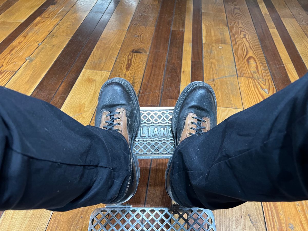 Photo by cajunpsycho on October 11, 2023 of the White's x Division Road LTT Logger 375 in Horween Black Waxed Flesh.