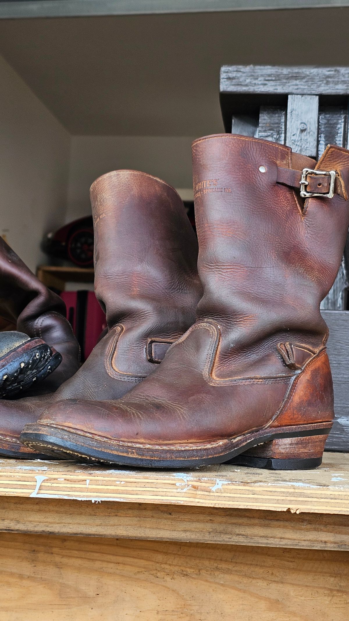 Photo by arriaga214 on November 16, 2025 of the White's Nomad Engineer Boots in Brown Distress.