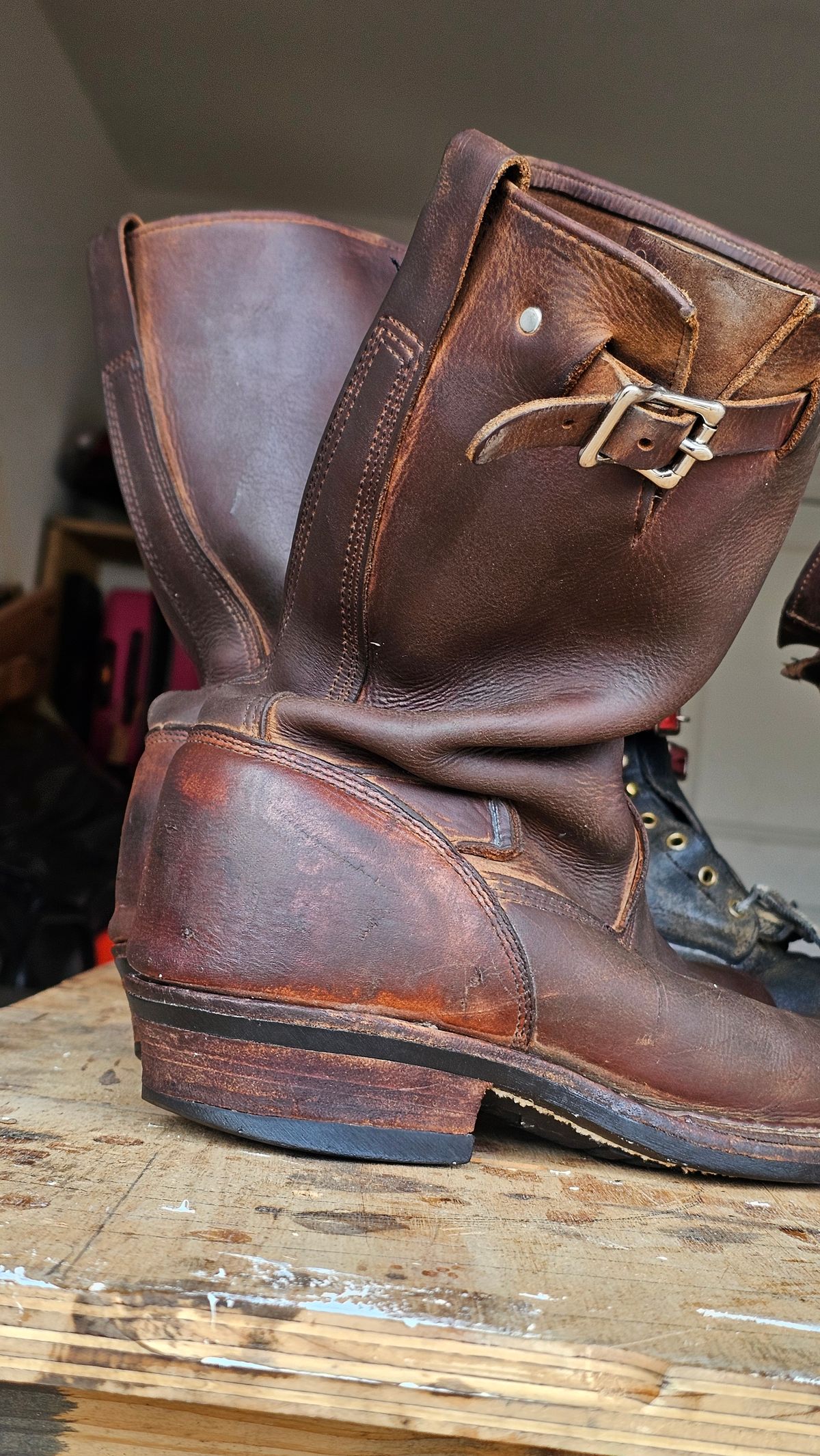 Photo by arriaga214 on November 16, 2025 of the White's Nomad Engineer Boots in Brown Distress.