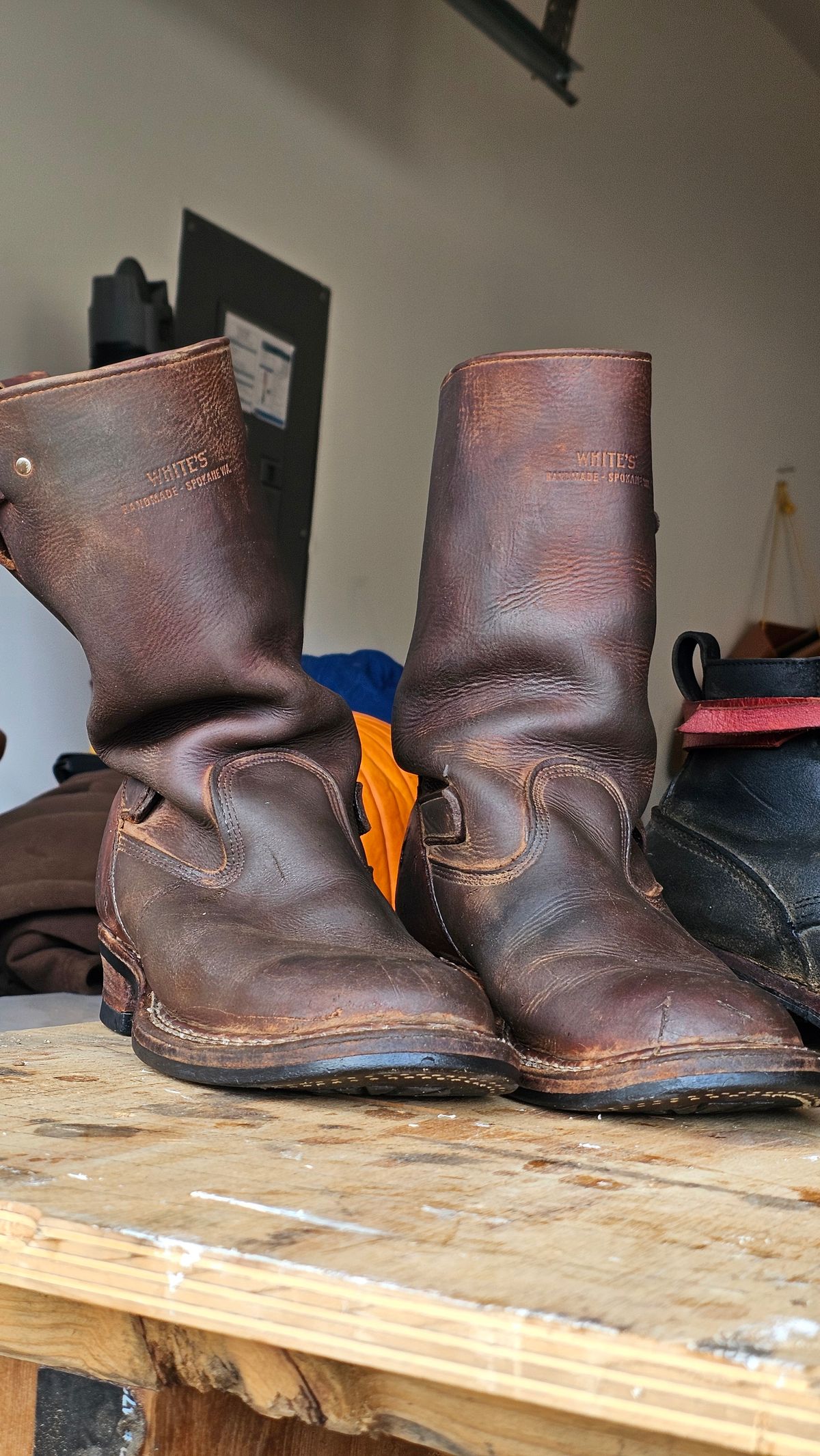 Photo by arriaga214 on November 16, 2025 of the White's Nomad Engineer Boots in Brown Distress.