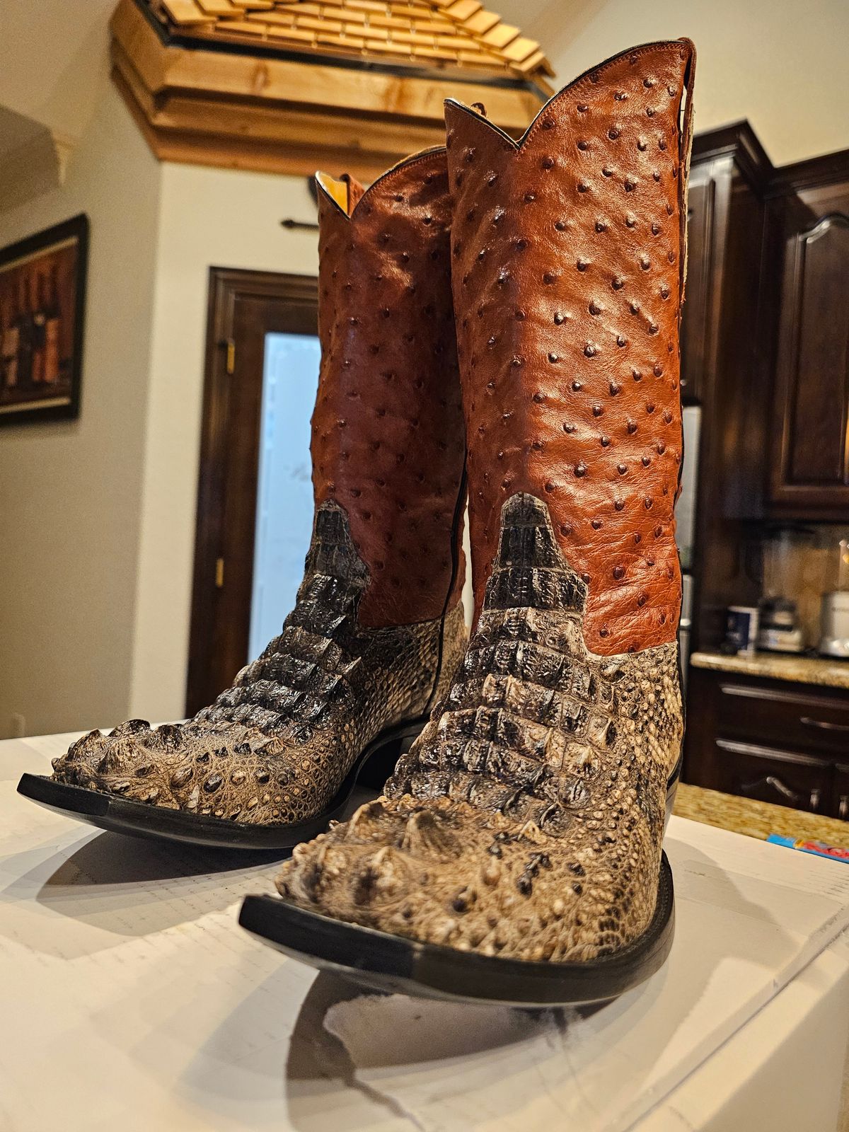 Photo by arriaga214 on April 20, 2024 of the Acosta Boots. Cowboy Boot in Head Cut Gator, Full Quill Ostrich.