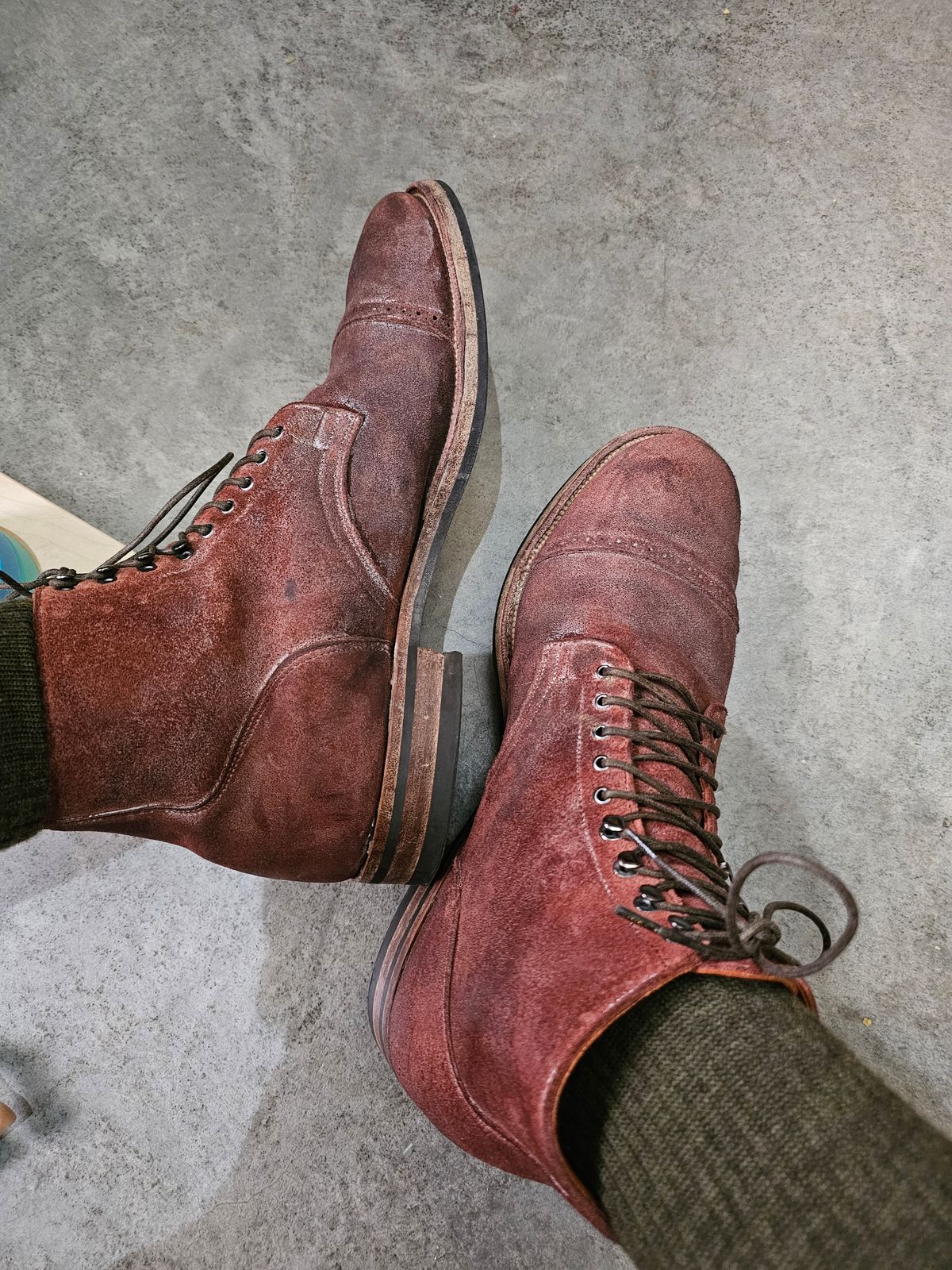 Photo by arriaga214 on November 20, 2023 of the Viberg Service Boot in C.F. Stead Milkshake Calf Suede.