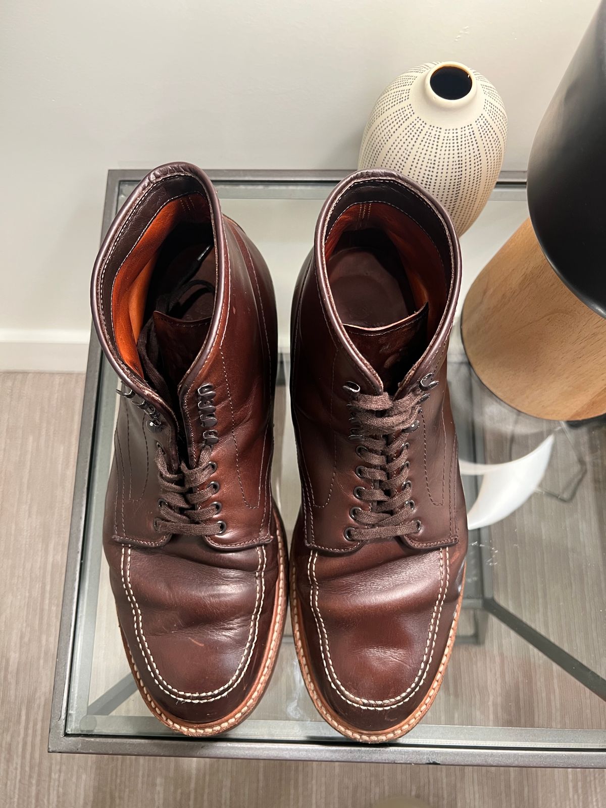 Photo by wabi_sabione on February 6, 2023 of the Alden Indy Boot in Horween Brown Chromexcel.