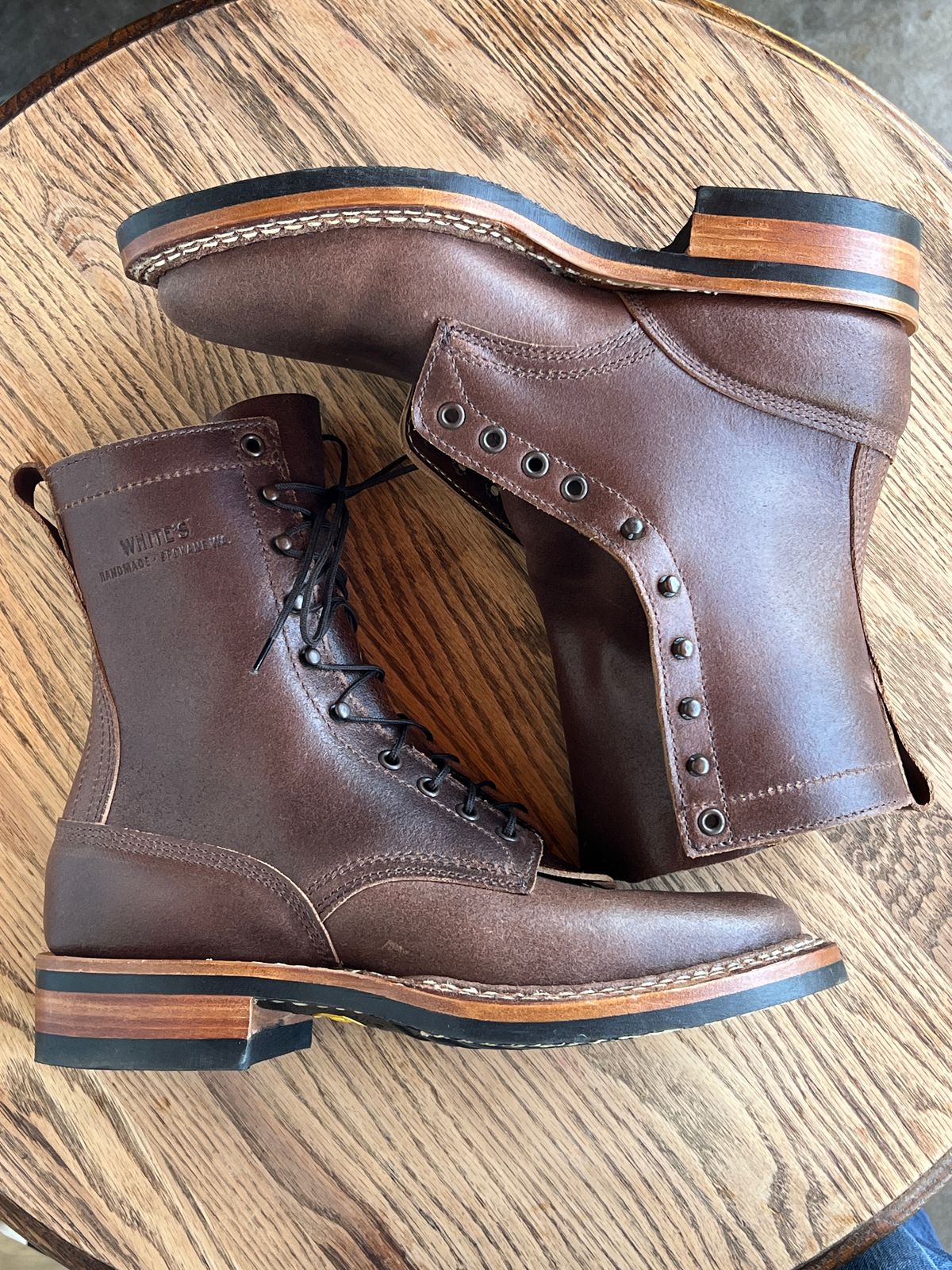 Photo by wabi_sabione on October 5, 2025 of the White's Bounty Hunter in Horween Natural Waxed Flesh.
