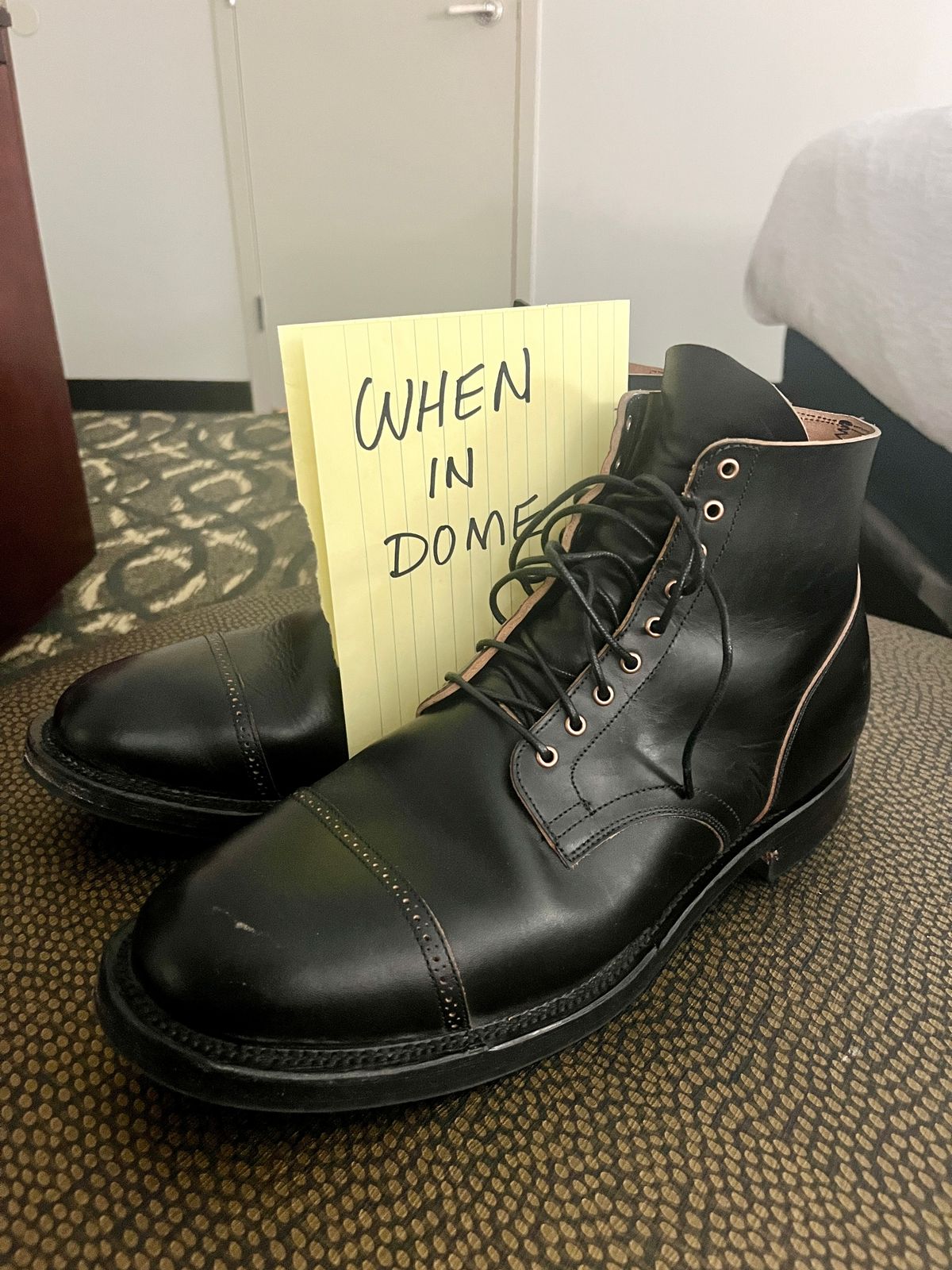 Photo by PerHansa on November 2, 2024 of the Viberg Service Boot BCT in Horween Black Teacore Double Cordovan Butts.