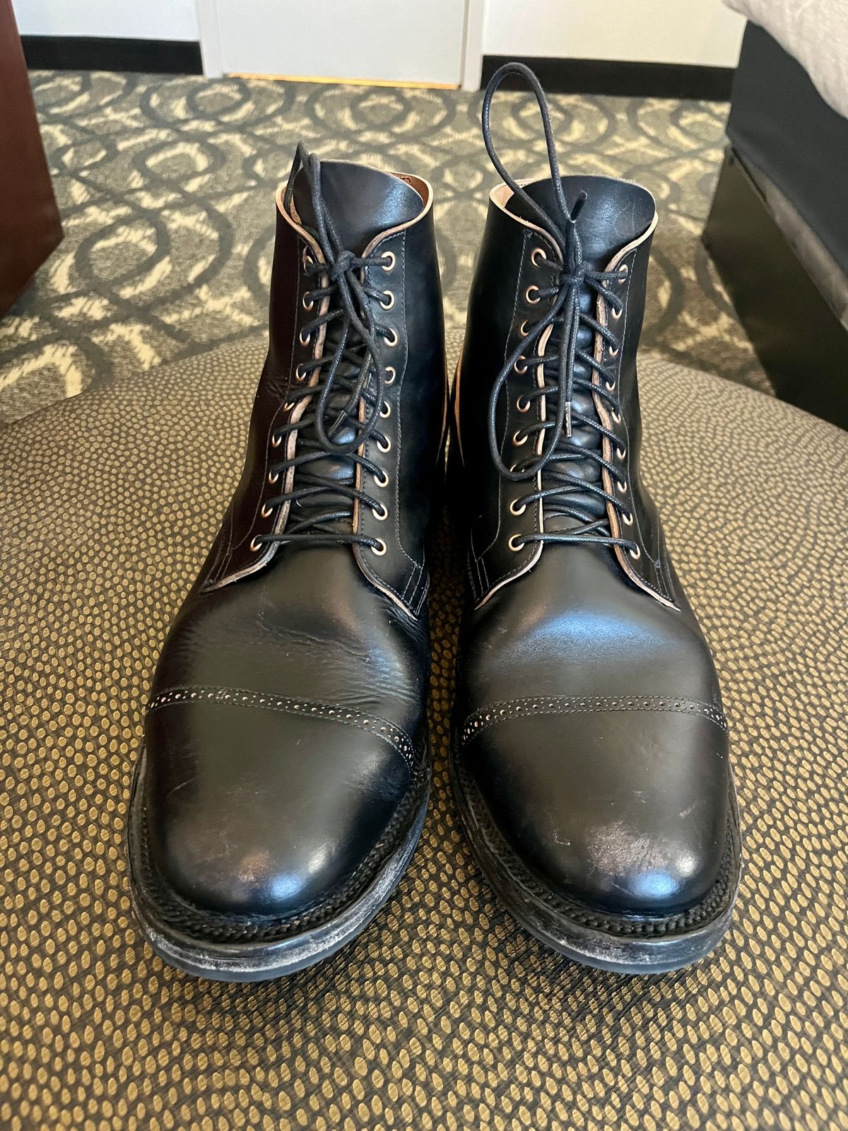 Photo by PerHansa on December 1, 2024 of the Viberg Service Boot BCT in Horween Black Teacore Double Cordovan Butts.