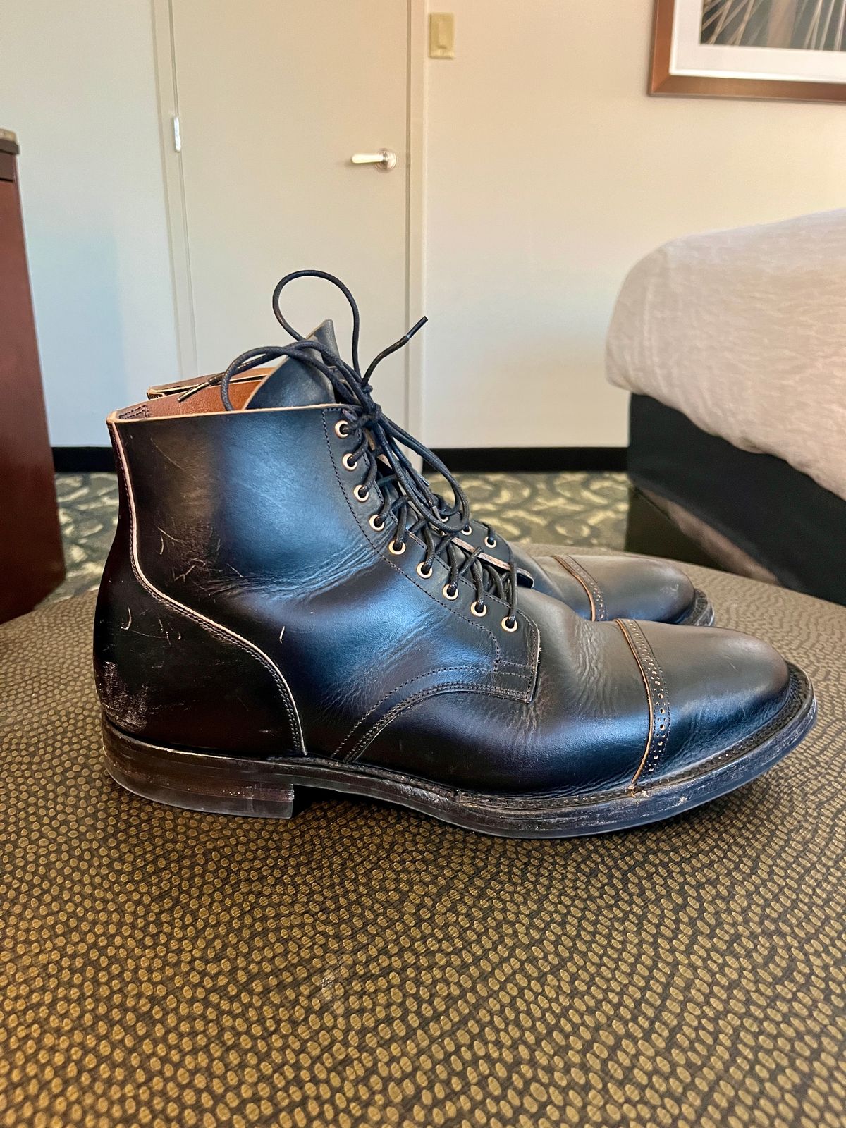 Photo by PerHansa on December 1, 2024 of the Viberg Service Boot BCT in Horween Black Teacore Double Cordovan Butts.