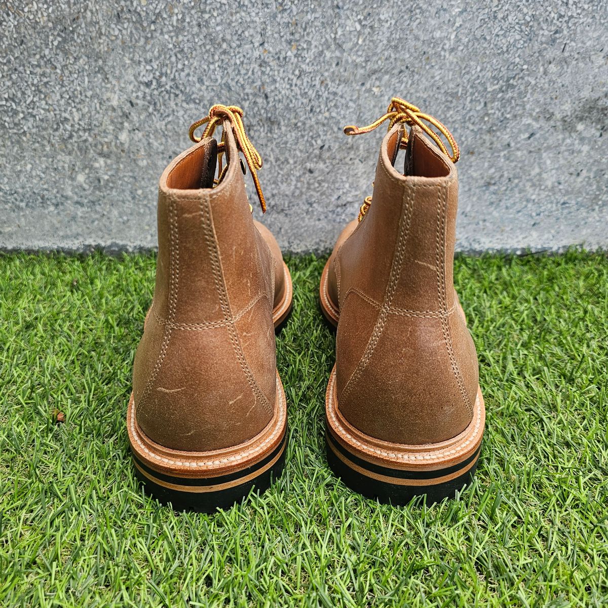 Photo by nutztee on October 1, 2024 of the Grant Stone Brass Boot in C.F. Stead Natural Waxy Commander Suede.