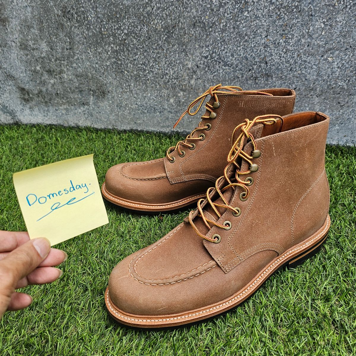 Photo by nutztee on October 1, 2024 of the Grant Stone Brass Boot in C.F. Stead Natural Waxy Commander Suede.