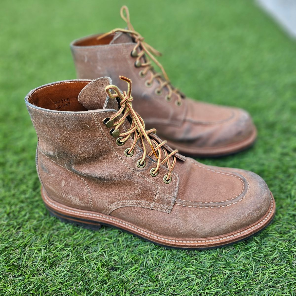 Photo by nutztee on November 5, 2024 of the Grant Stone Brass Boot in C.F. Stead Natural Waxy Commander Suede.