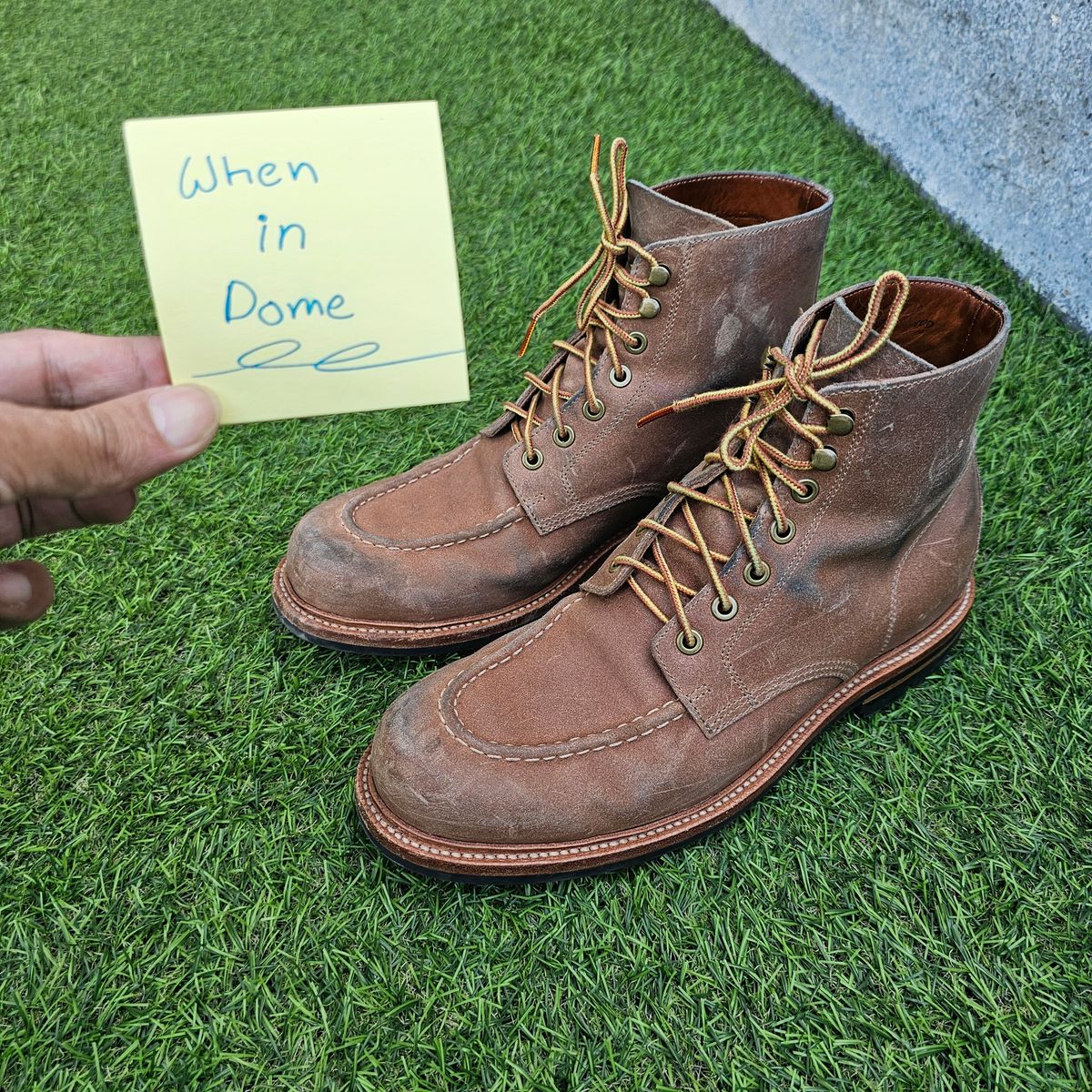 Photo by nutztee on November 5, 2024 of the Grant Stone Brass Boot in C.F. Stead Natural Waxy Commander Suede.