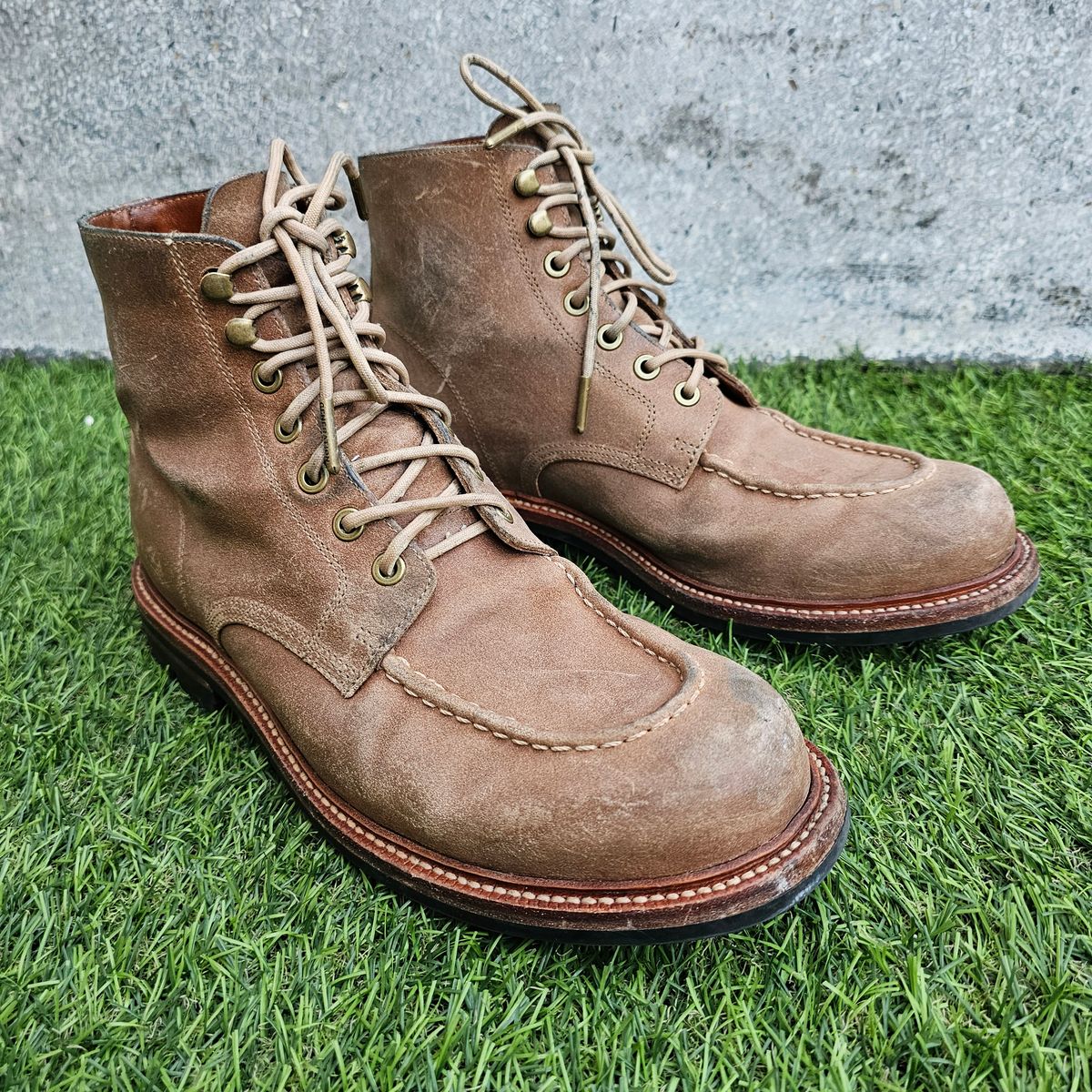 Photo by nutztee on January 4, 2025 of the Grant Stone Brass Boot in C.F. Stead Natural Waxy Commander Suede.