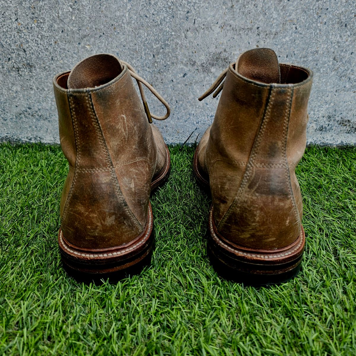 Photo by nutztee on February 2, 2025 of the Grant Stone Brass Boot in C.F. Stead Natural Waxy Commander Suede.