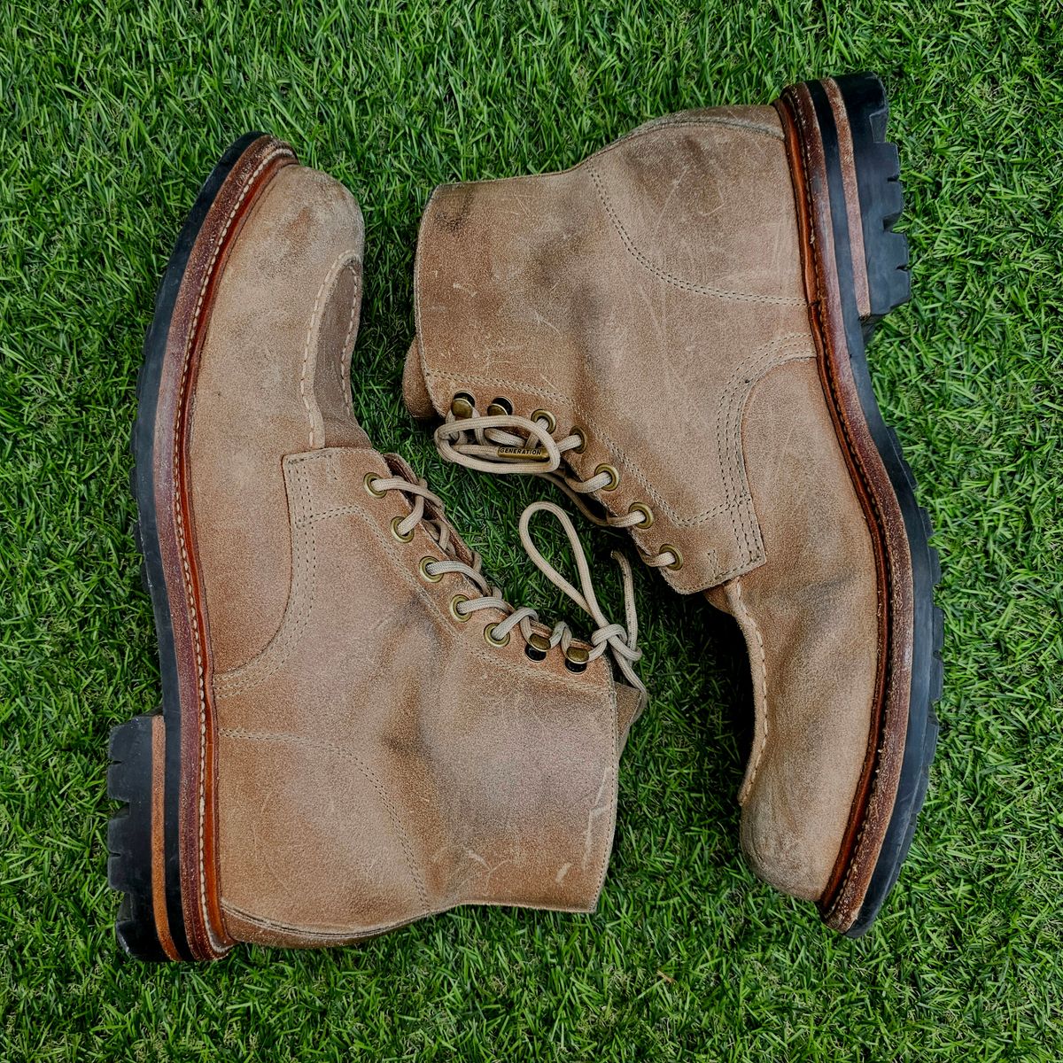 Photo by nutztee on February 2, 2025 of the Grant Stone Brass Boot in C.F. Stead Natural Waxy Commander Suede.
