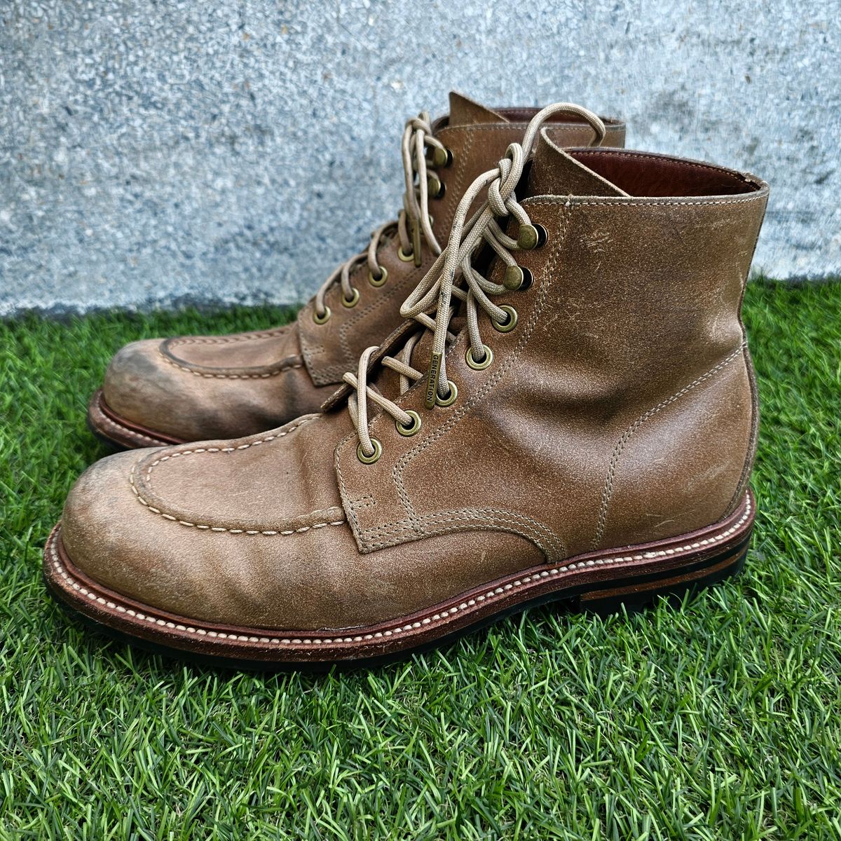 Photo by nutztee on March 2, 2025 of the Grant Stone Brass Boot in C.F. Stead Natural Waxy Commander Suede.