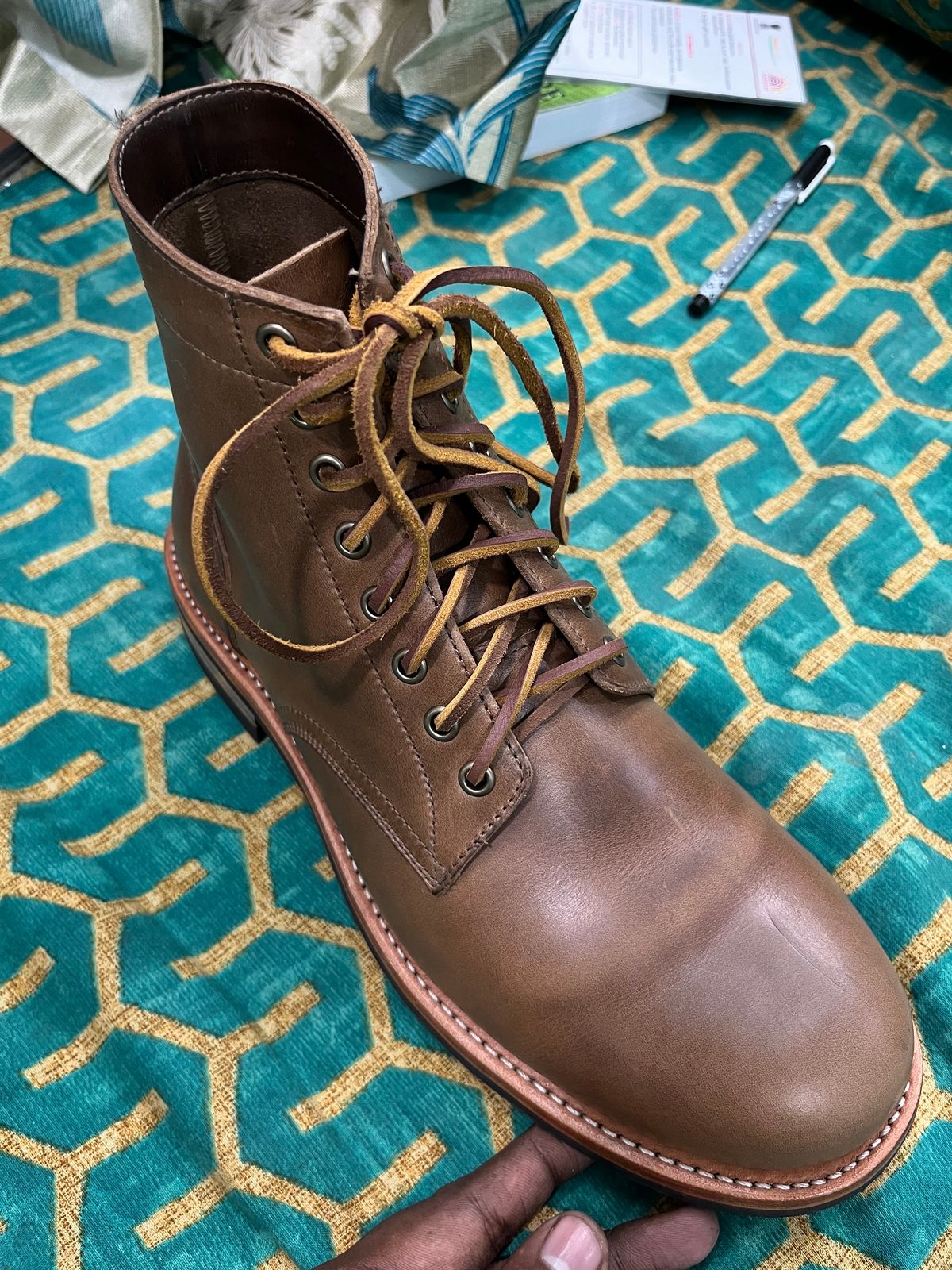 Photo by Deadshot on October 1, 2023 of the Oak Street Bootmakers Trench Boot in Horween Natural Chromexcel.