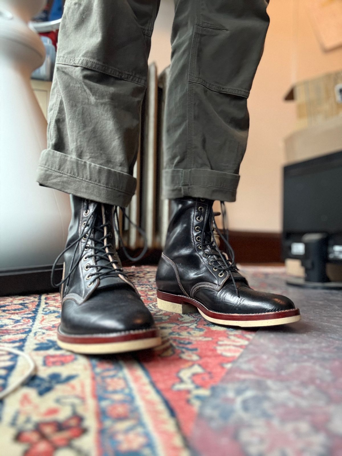 Photo by Mr.Baddie on January 13, 2025 of the Onderhoud SVC02 Packer Boot in Wickett & Craig Buck Brown Traditional Harness & Overdyed Black.