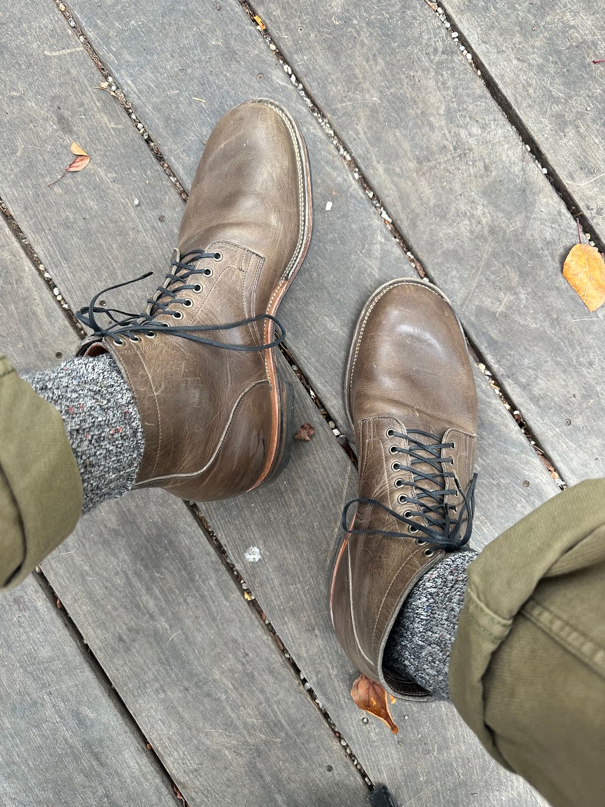 Photo by Mr.Baddie on October 16, 2023 of the Viberg Service Boot in C.F. Stead Classic Grey Oiled Culatta.