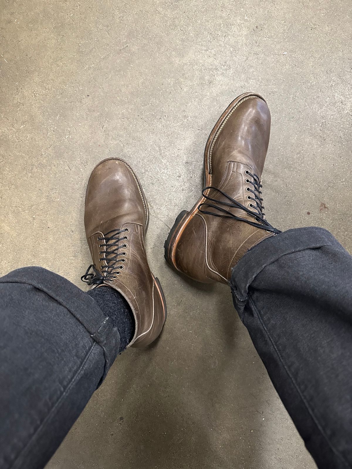 Photo by Mr.Baddie on October 20, 2023 of the Viberg Service Boot in C.F. Stead Classic Grey Oiled Culatta.