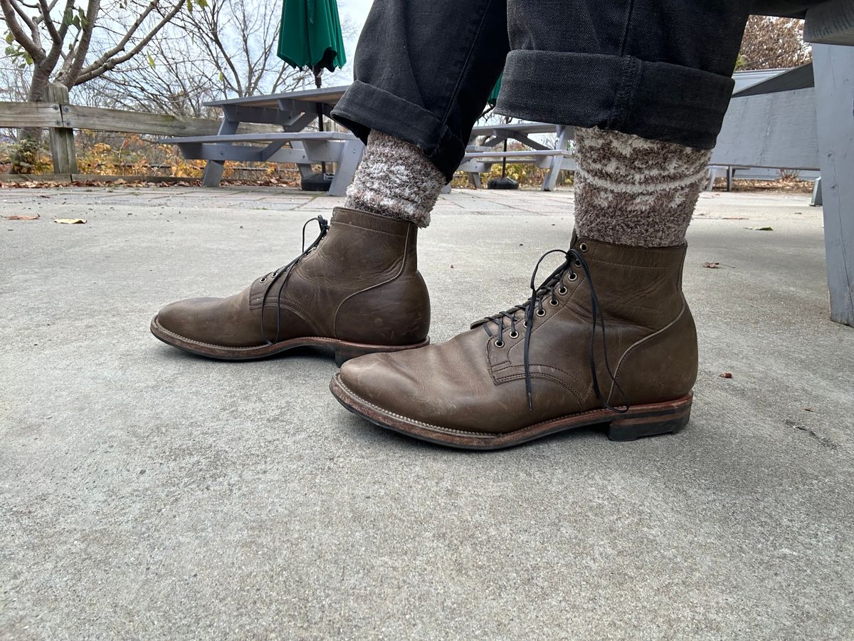Photo by Mr.Baddie on November 10, 2023 of the Viberg Service Boot in C.F. Stead Classic Grey Oiled Culatta.