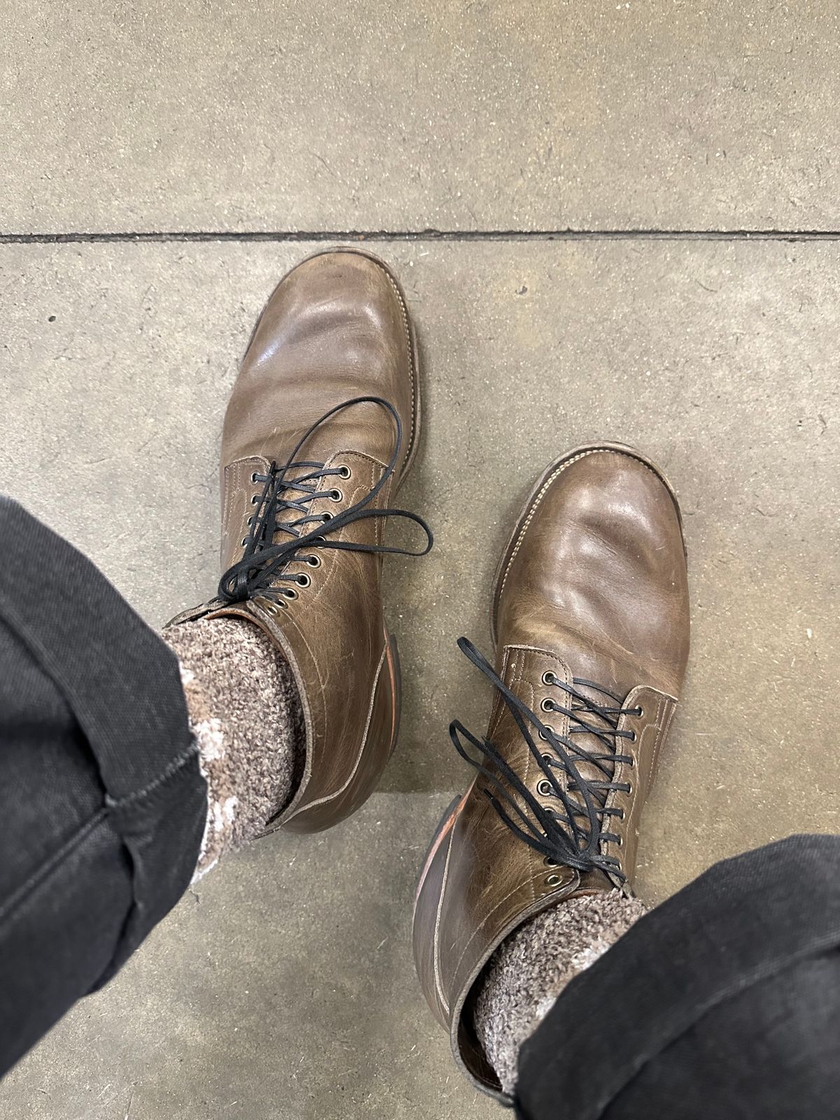 Photo by Mr.Baddie on November 14, 2023 of the Viberg Service Boot in C.F. Stead Classic Grey Oiled Culatta.