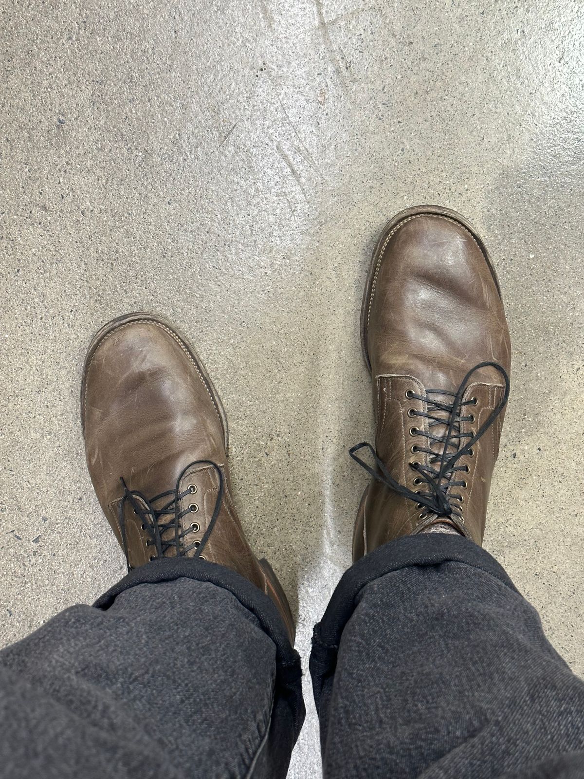 Photo by Mr.Baddie on November 18, 2023 of the Viberg Service Boot in C.F. Stead Classic Grey Oiled Culatta.