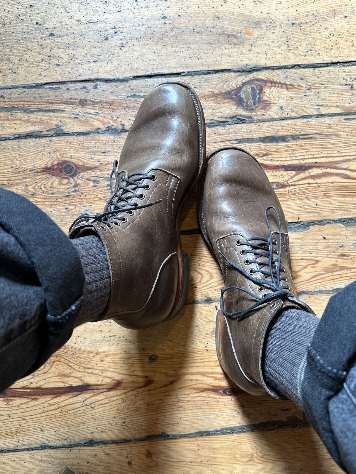 Photo by Mr.Baddie on December 13, 2023 of the Viberg Service Boot in C.F. Stead Classic Grey Oiled Culatta.