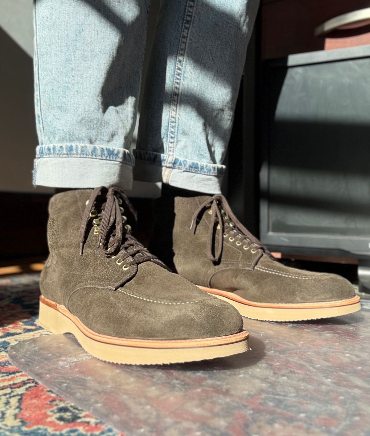 Photo by Mr.Baddie on February 5, 2025 of the Alden Lombard in C.F. Stead Loden Janus Calf Suede.