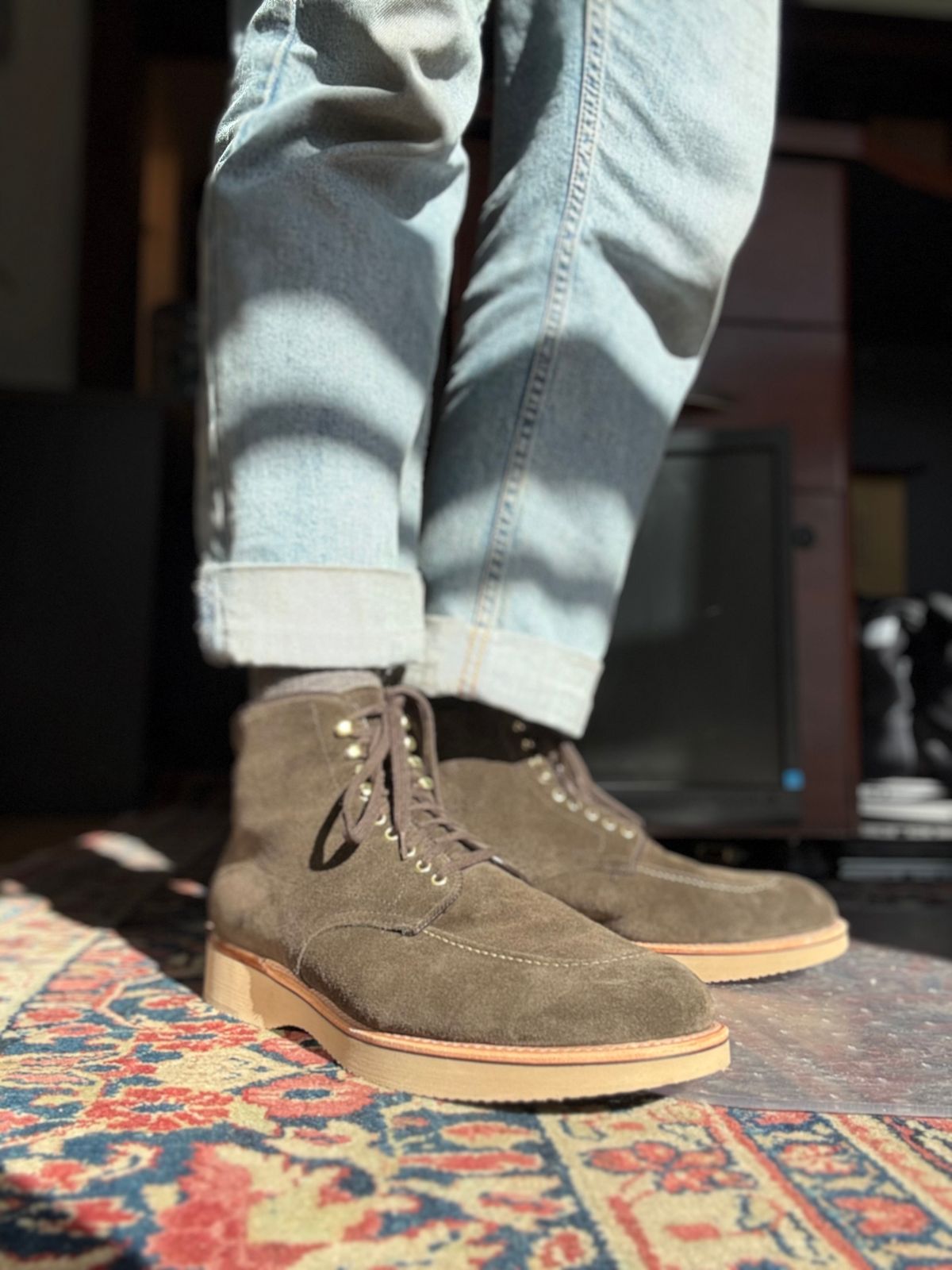 Photo by Mr.Baddie on February 14, 2025 of the Alden Lombard in C.F. Stead Loden Janus Calf Suede.