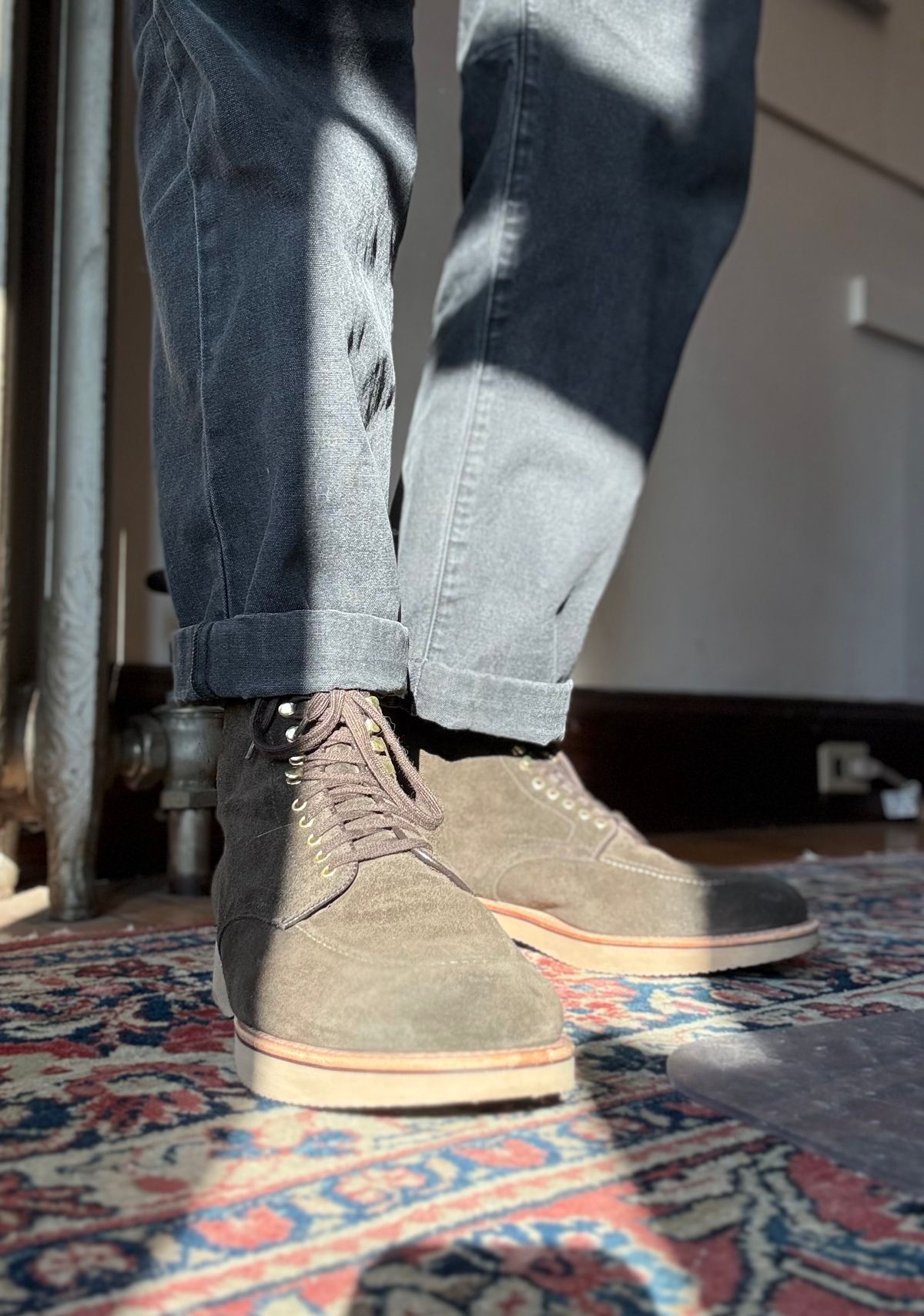 Photo by Mr.Baddie on February 24, 2025 of the Alden Lombard in C.F. Stead Loden Janus Calf Suede.