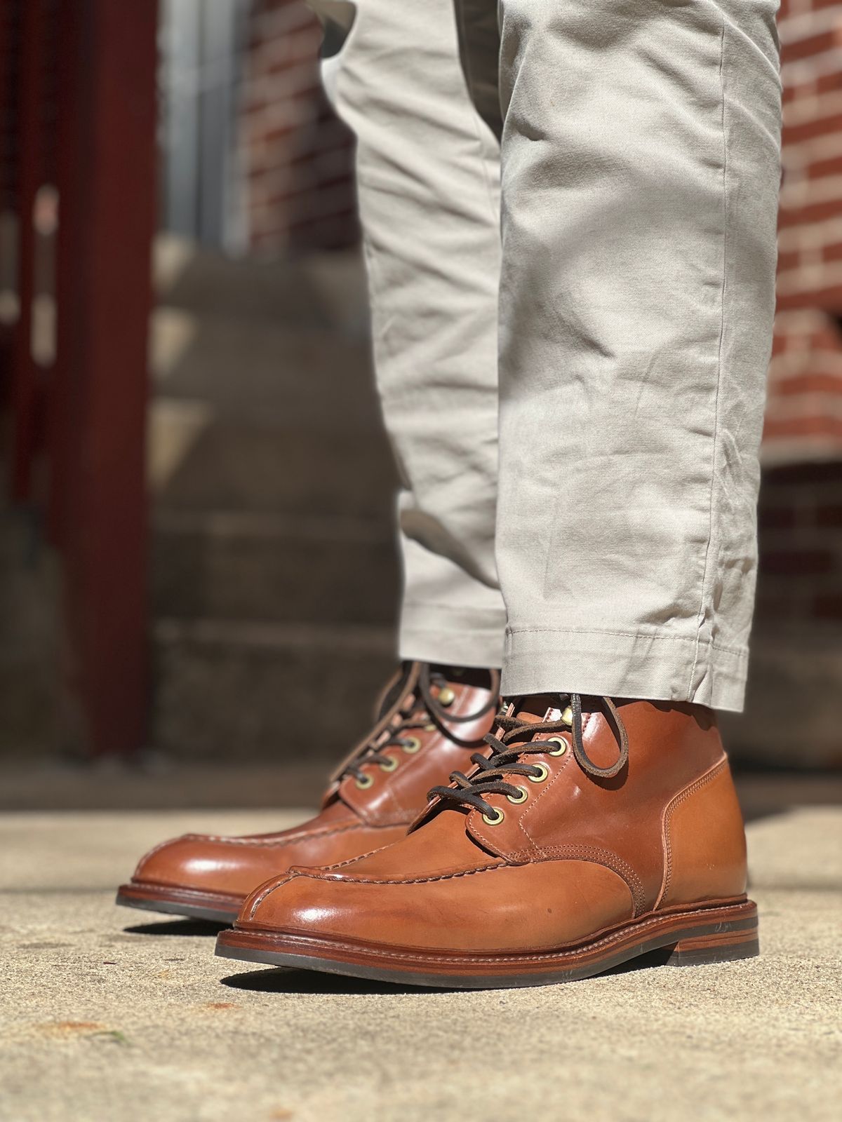 Photo by nothomeatl on October 1, 2022 of the Grant Stone Ottawa Boot in Horween Honey Glazed Shell Cordovan.