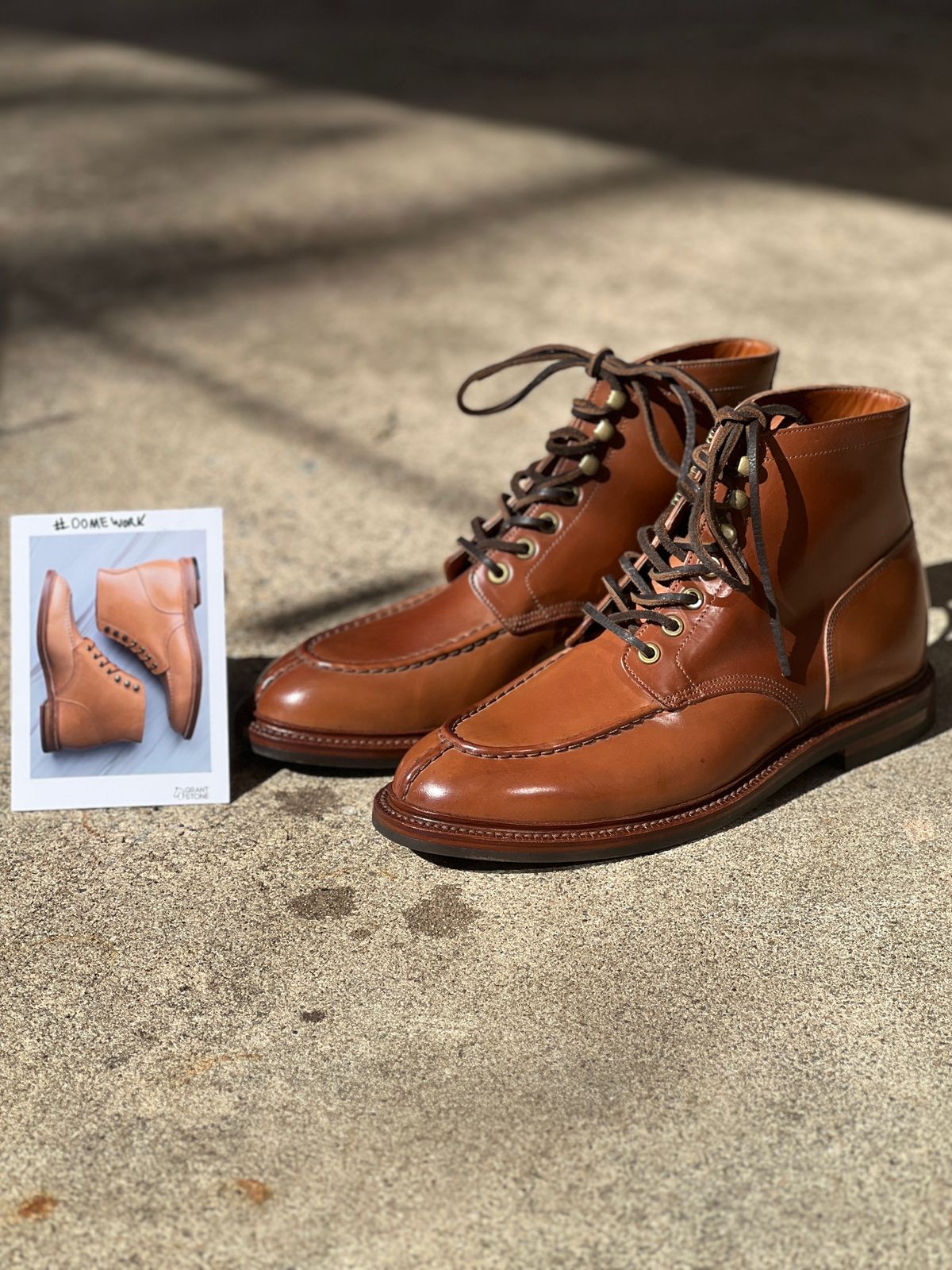 Photo by nothomeatl on October 1, 2022 of the Grant Stone Ottawa Boot in Horween Honey Glazed Shell Cordovan.