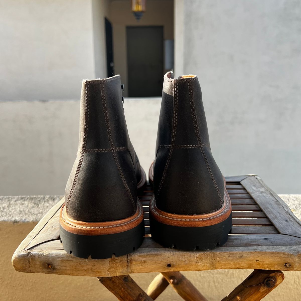Photo by timothvn on October 5, 2024 of the Grant Stone Brass Boot in C.F. Stead Storm Waxy Commander Suede.