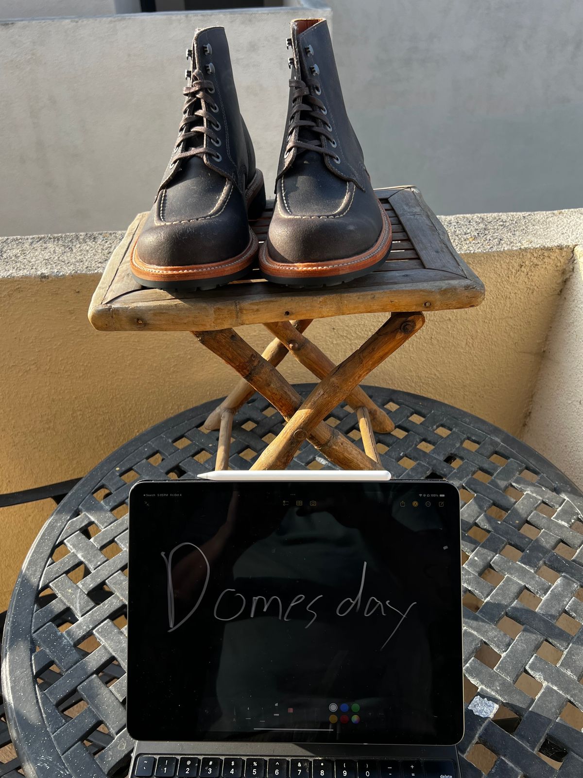 Photo by timothvn on October 5, 2024 of the Grant Stone Brass Boot in C.F. Stead Storm Waxy Commander Suede.