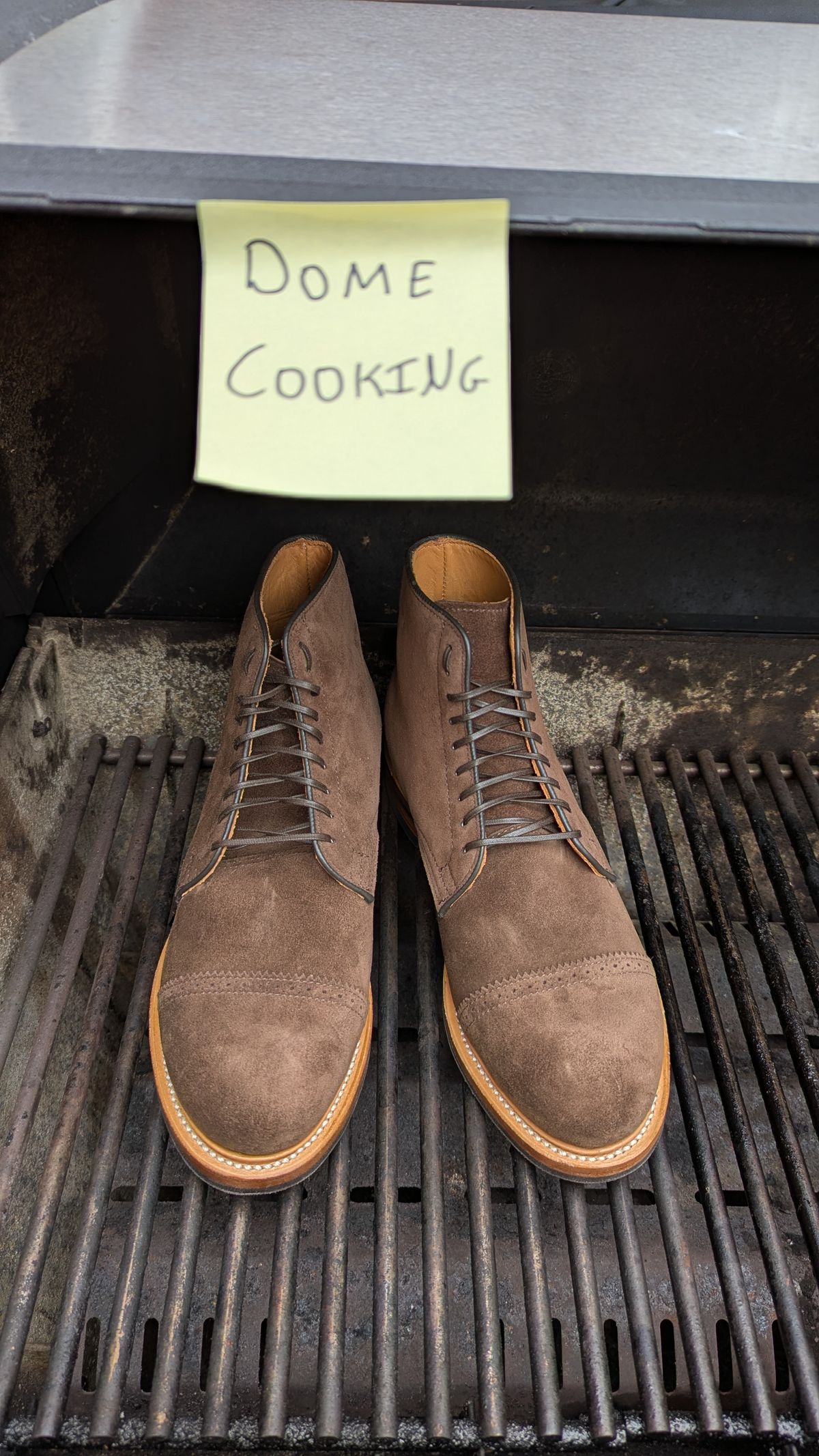 Photo by RoosAndBeavers on November 1, 2025 of the Viberg Derby Boot in C.F. Stead Brown Repello Calf Suede.