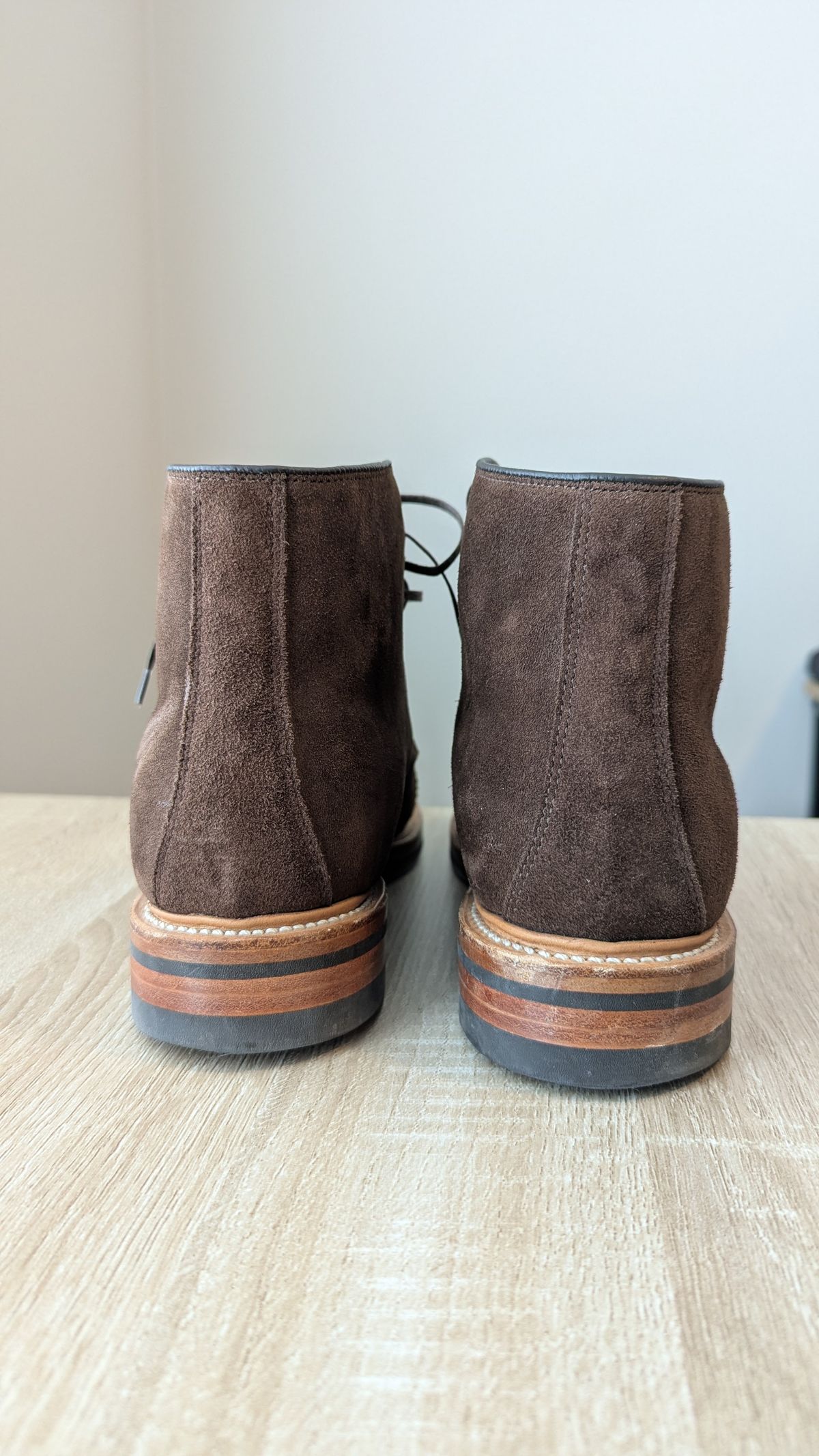 Photo by RoosAndBeavers on December 3, 2025 of the Viberg Derby Boot in C.F. Stead Brown Repello Calf Suede.