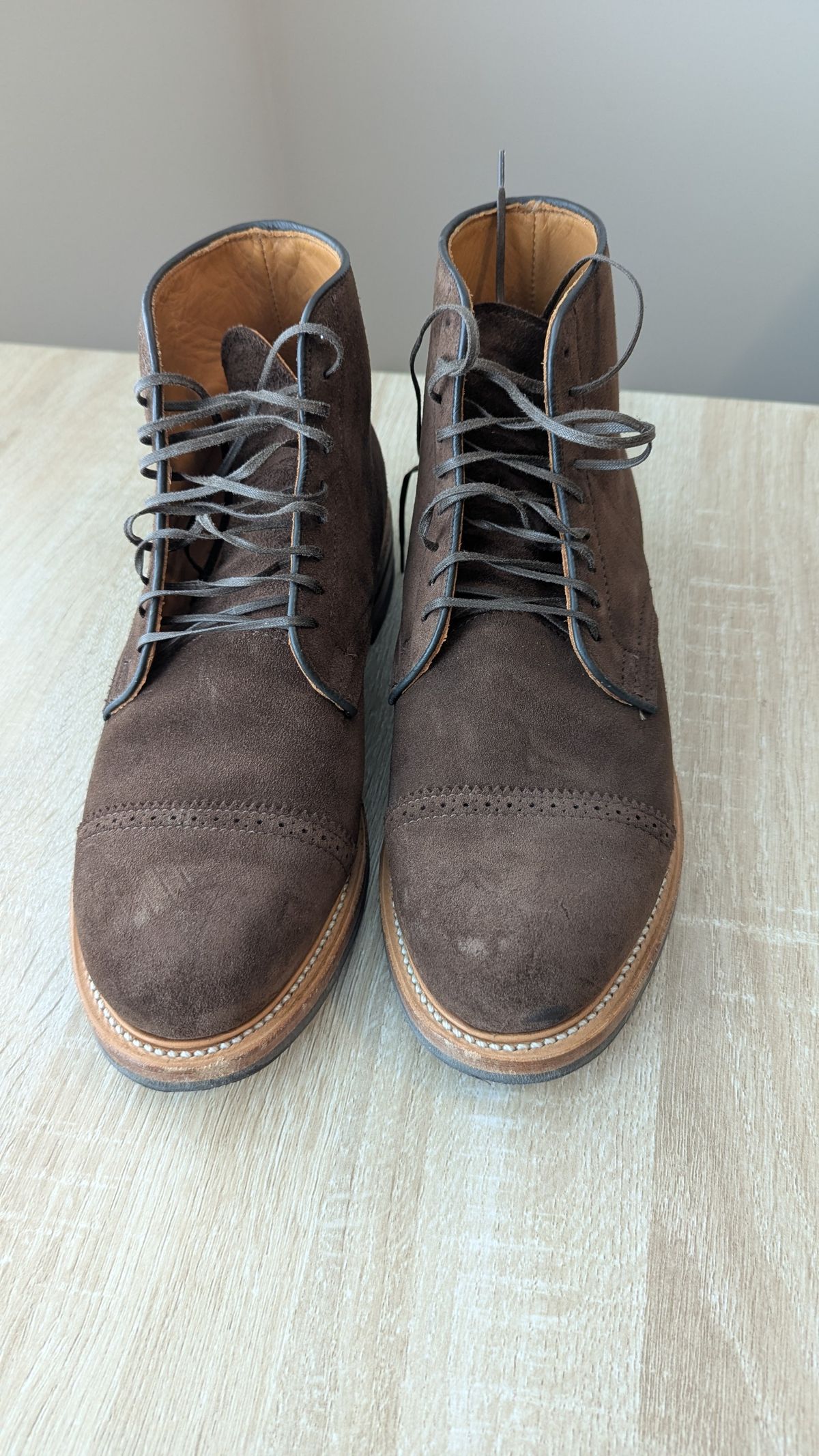 Photo by RoosAndBeavers on December 3, 2025 of the Viberg Derby Boot in C.F. Stead Brown Repello Calf Suede.