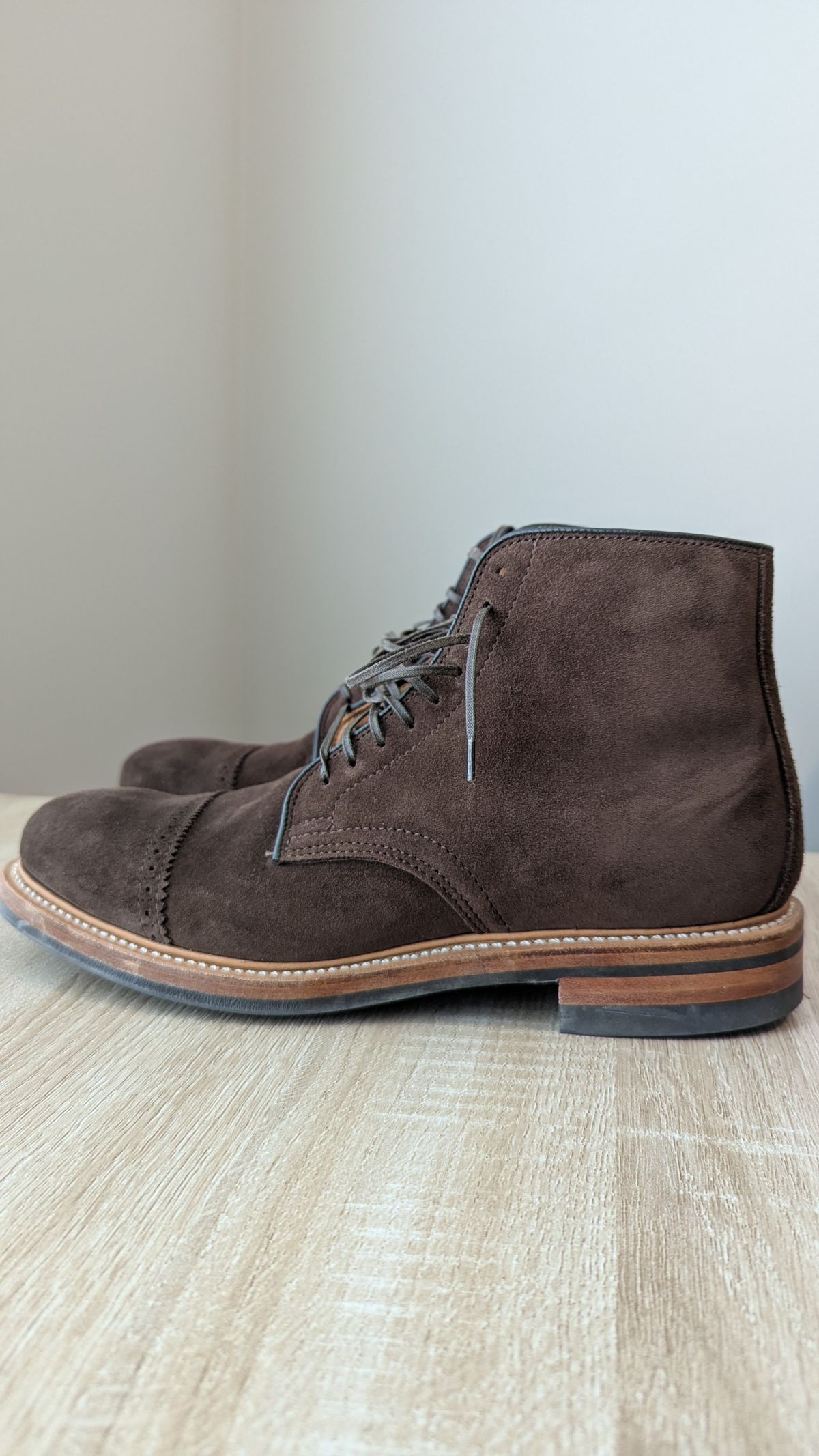 Photo by RoosAndBeavers on December 3, 2025 of the Viberg Derby Boot in C.F. Stead Brown Repello Calf Suede.