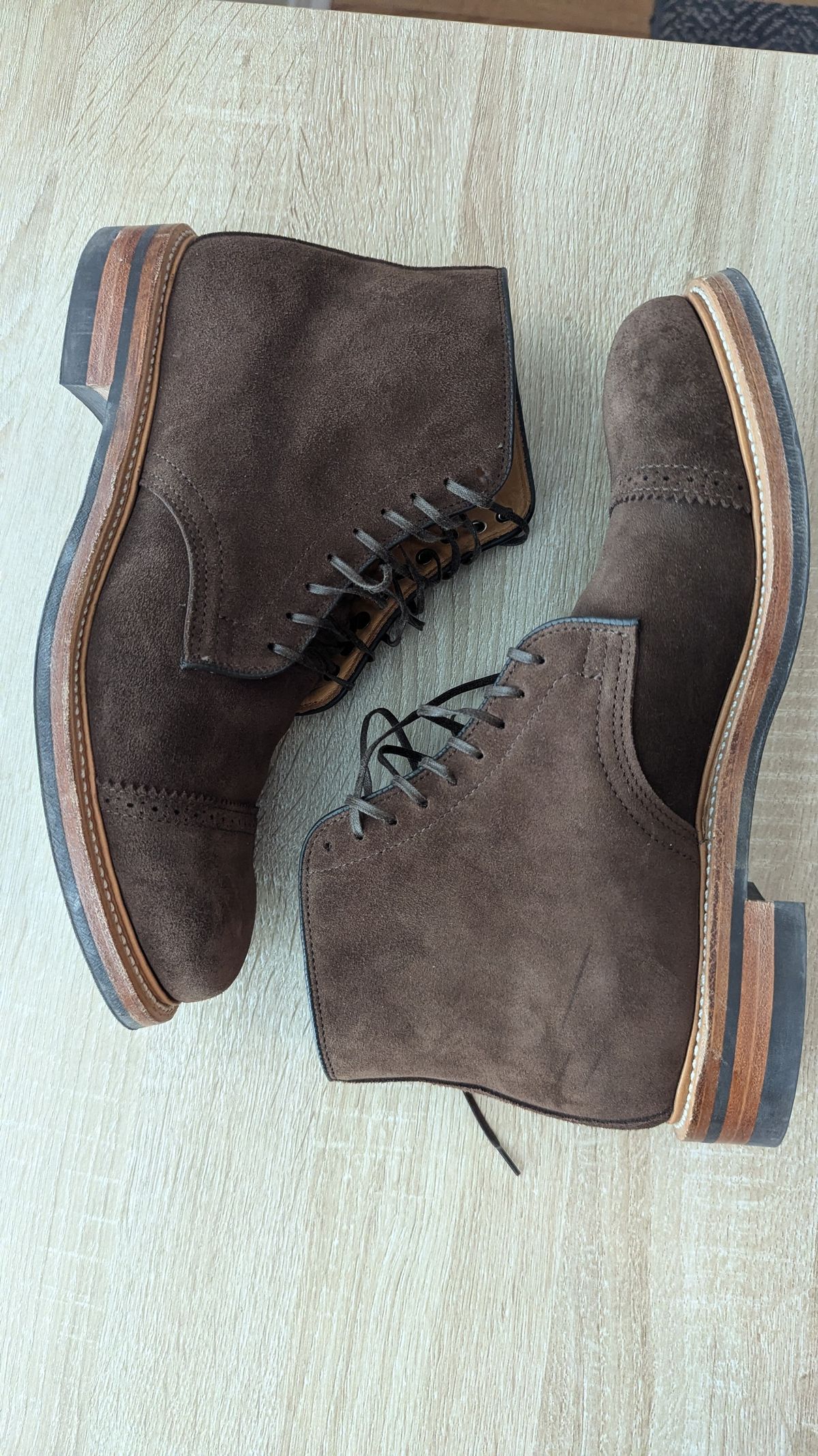 Photo by RoosAndBeavers on December 3, 2025 of the Viberg Derby Boot in C.F. Stead Brown Repello Calf Suede.