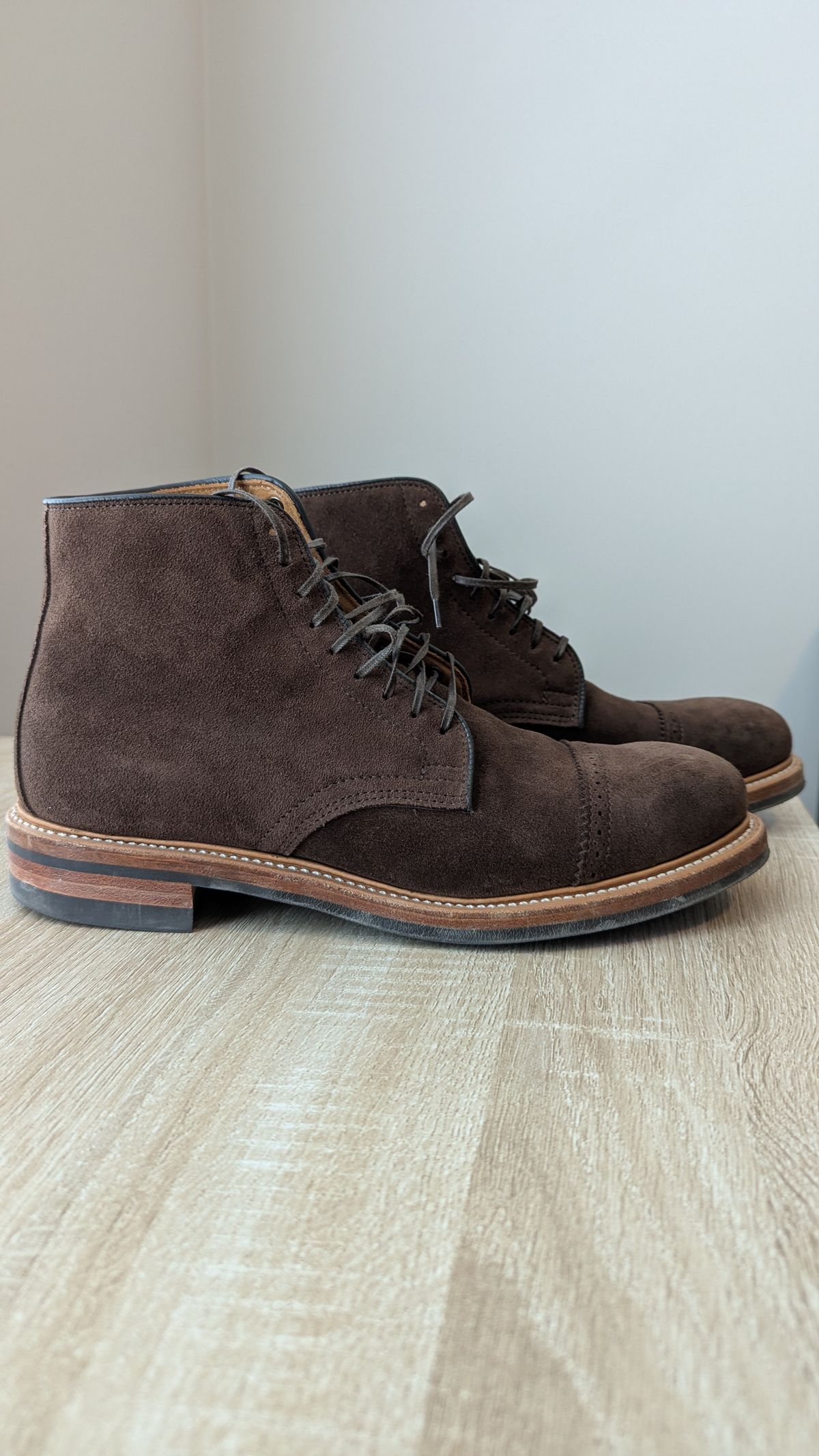 Photo by RoosAndBeavers on December 3, 2025 of the Viberg Derby Boot in C.F. Stead Brown Repello Calf Suede.