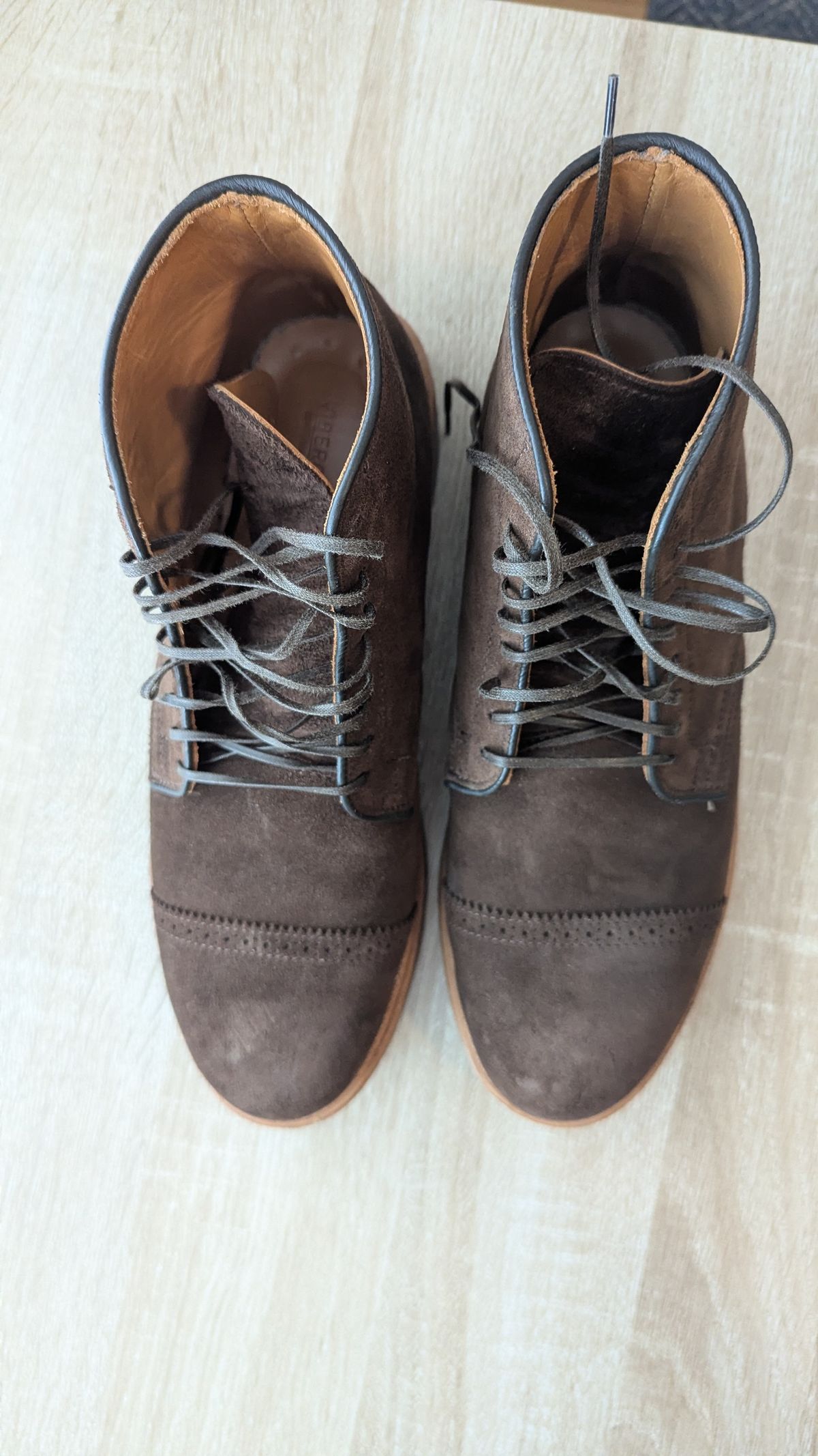 Photo by RoosAndBeavers on December 3, 2025 of the Viberg Derby Boot in C.F. Stead Brown Repello Calf Suede.