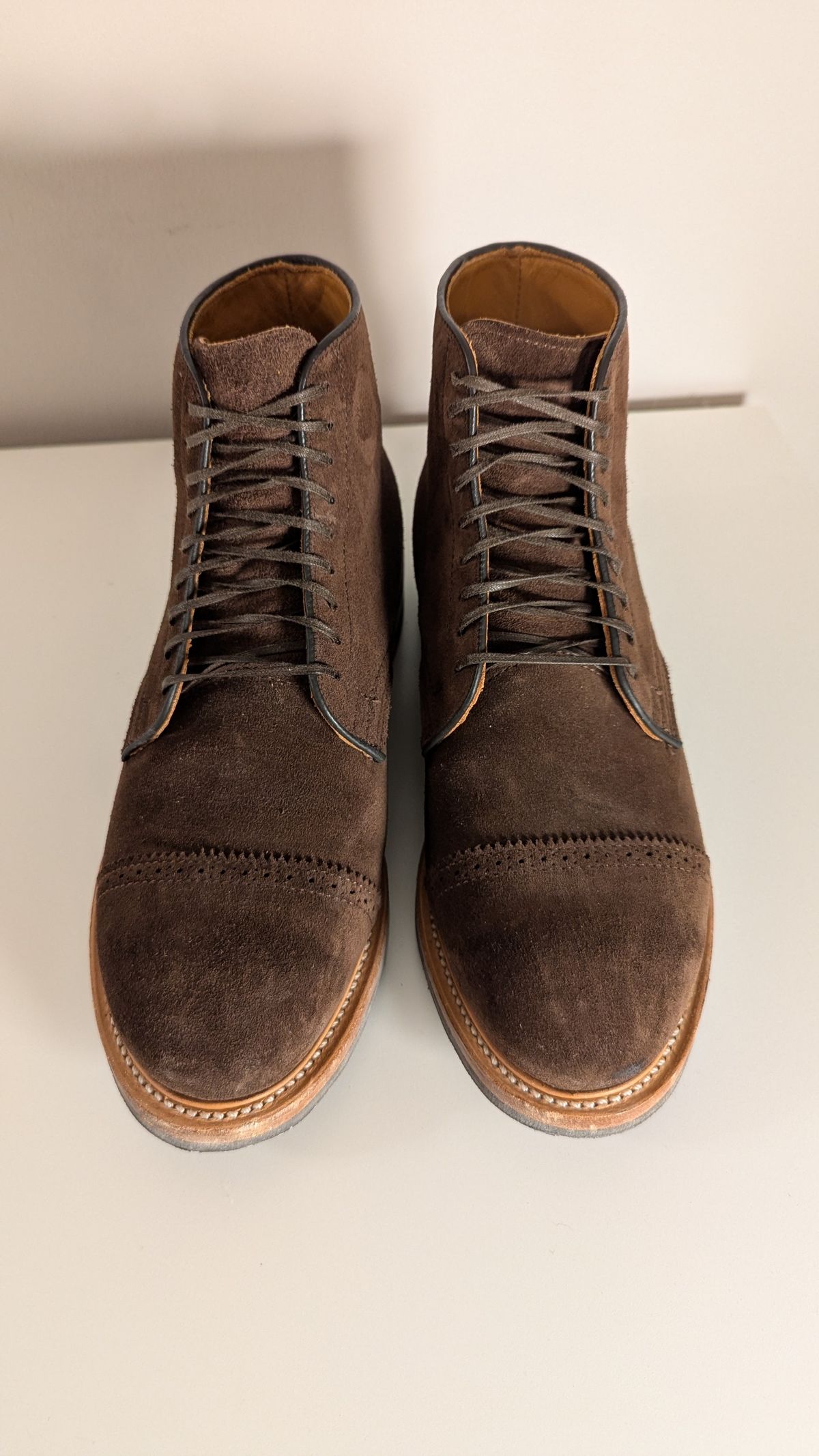 Photo by RoosAndBeavers on January 5, 2026 of the Viberg Derby Boot in C.F. Stead Brown Repello Calf Suede.