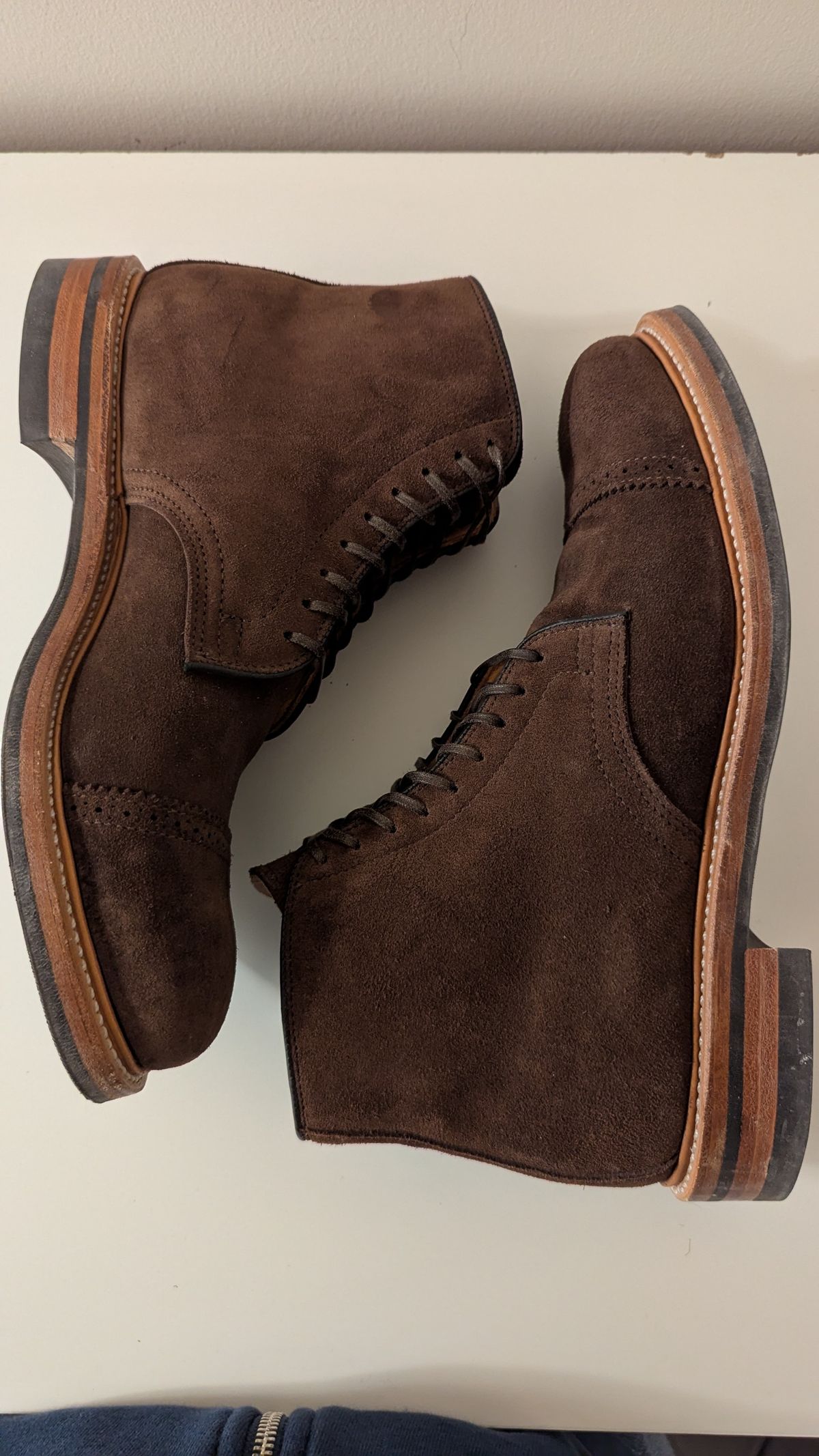 Photo by RoosAndBeavers on January 5, 2026 of the Viberg Derby Boot in C.F. Stead Brown Repello Calf Suede.