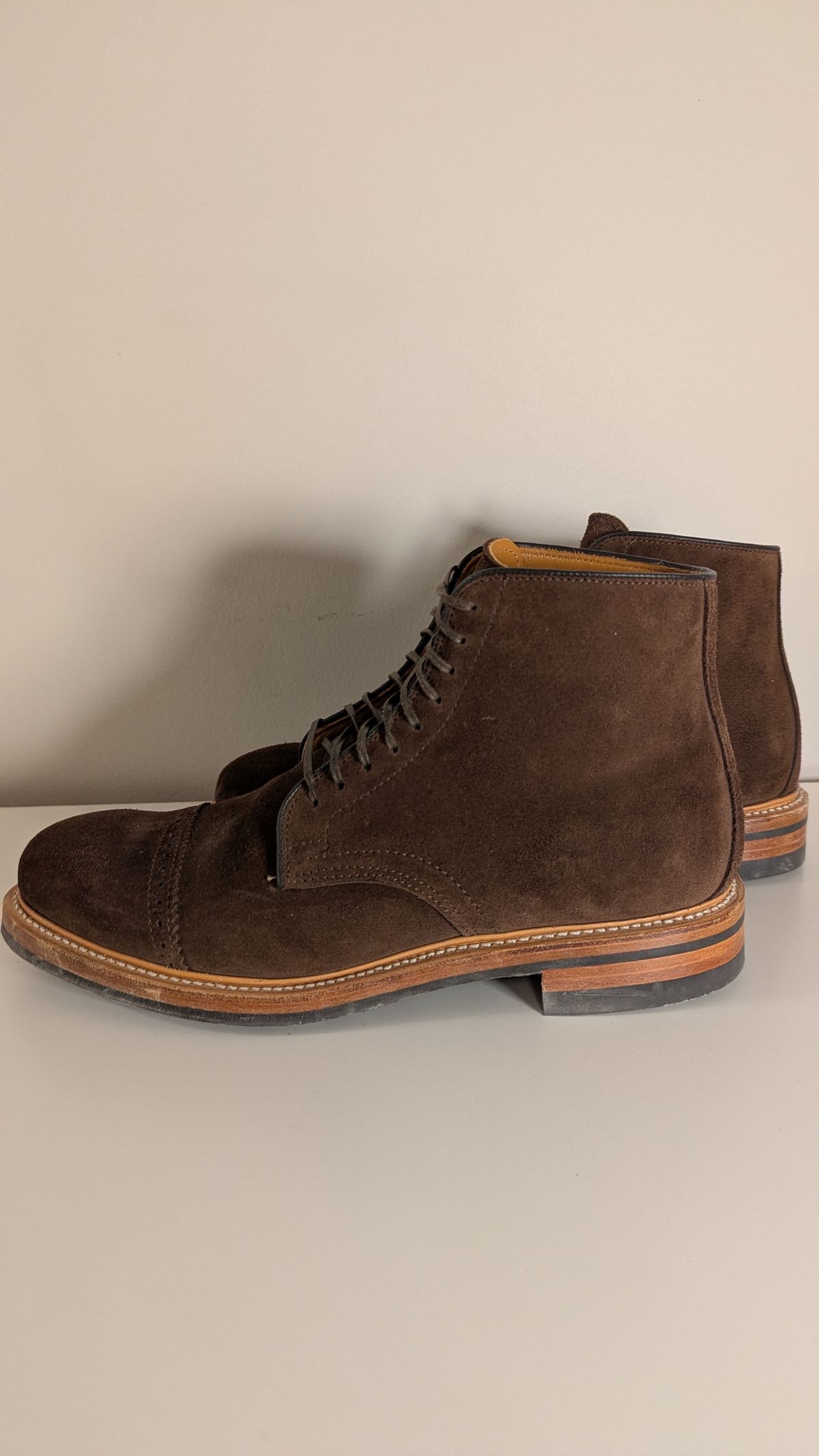 Photo by RoosAndBeavers on January 5, 2026 of the Viberg Derby Boot in C.F. Stead Brown Repello Calf Suede.